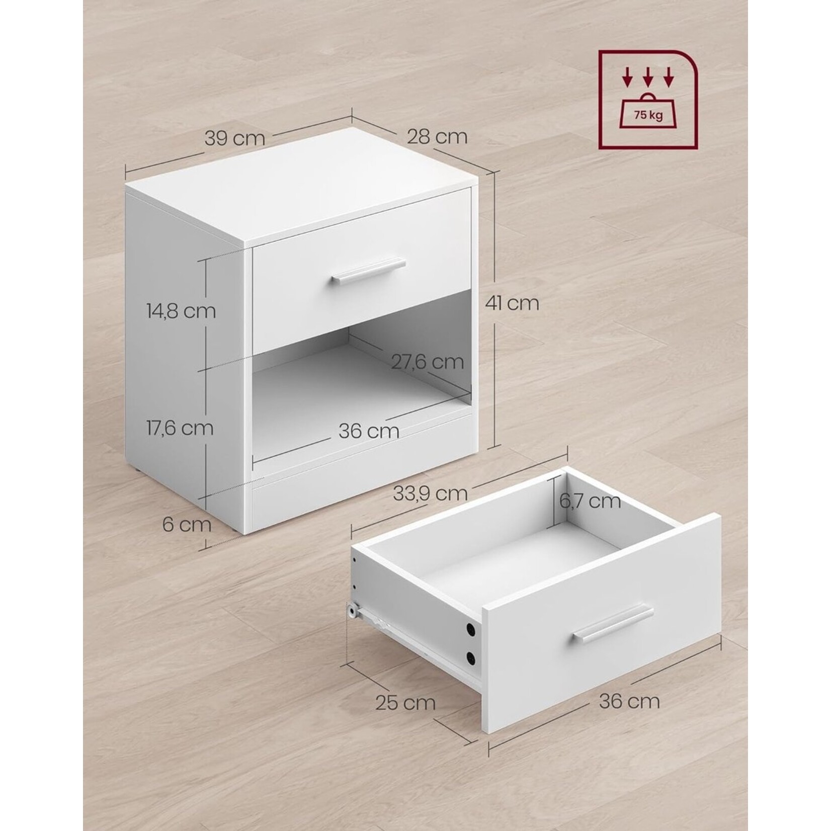 Parya Home Nightstand, side table, with drawer, classic white