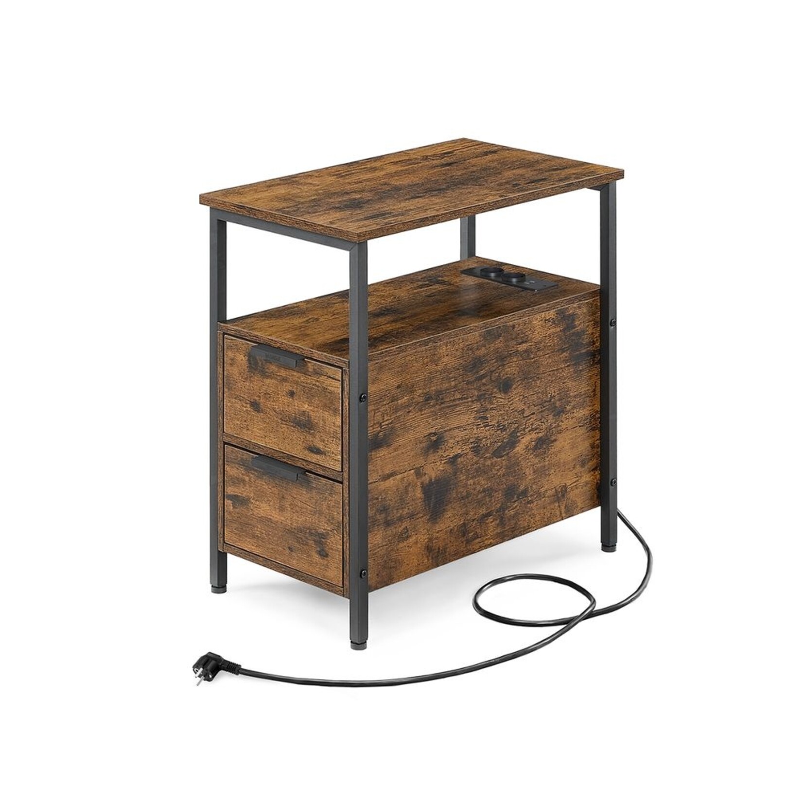 Parya Home Parya home Side Table, Nightstand with Socket, 2 Drawers, Vintage Brown/Ink Black