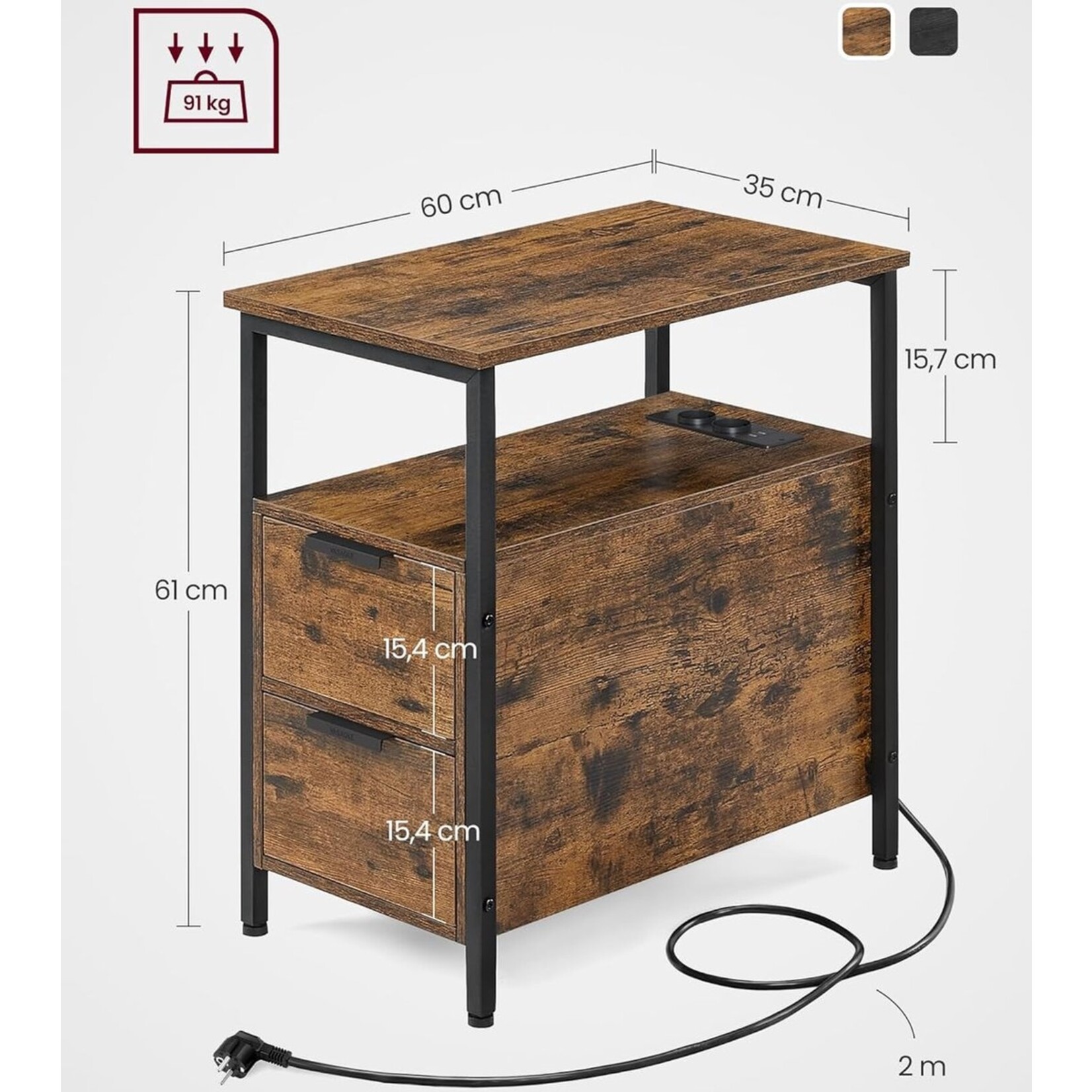 Parya home Side Table, Nightstand with Socket, 2 Drawers, Vintage Brown/Ink Black
