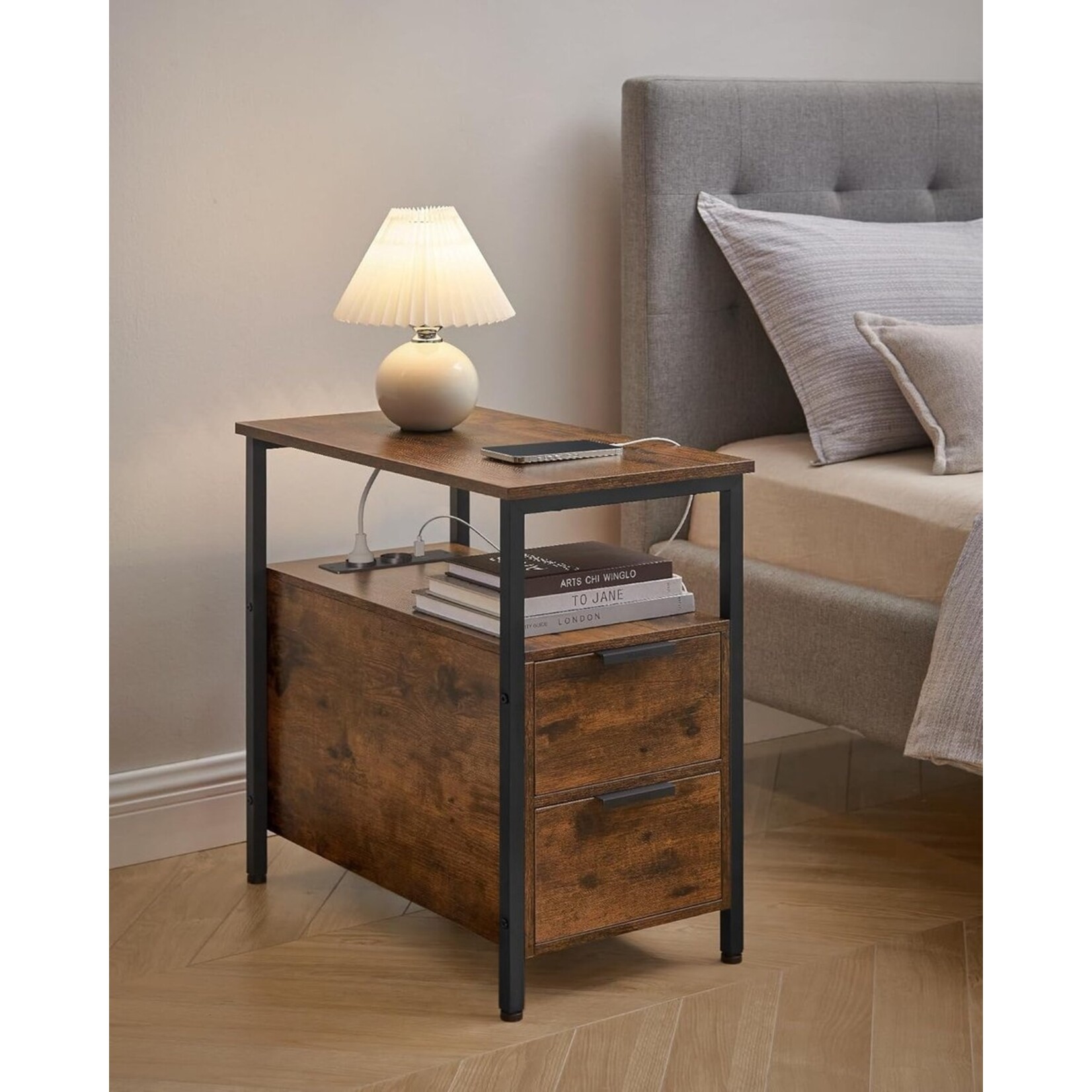 Parya Home Parya home Side Table, Nightstand with Socket, 2 Drawers, Vintage Brown/Ink Black