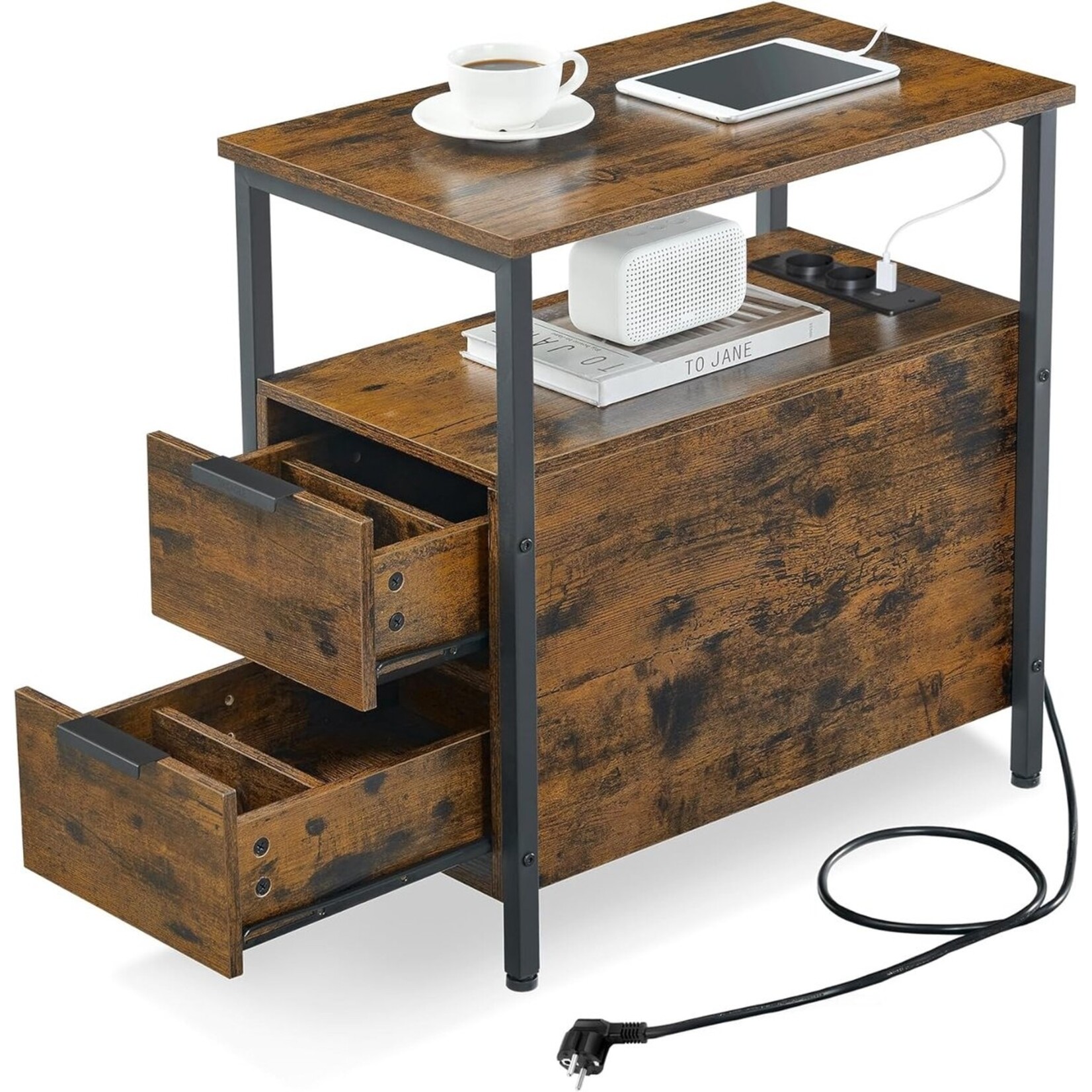 Parya home Side Table, Nightstand with Socket, 2 Drawers, Vintage Brown/Ink Black