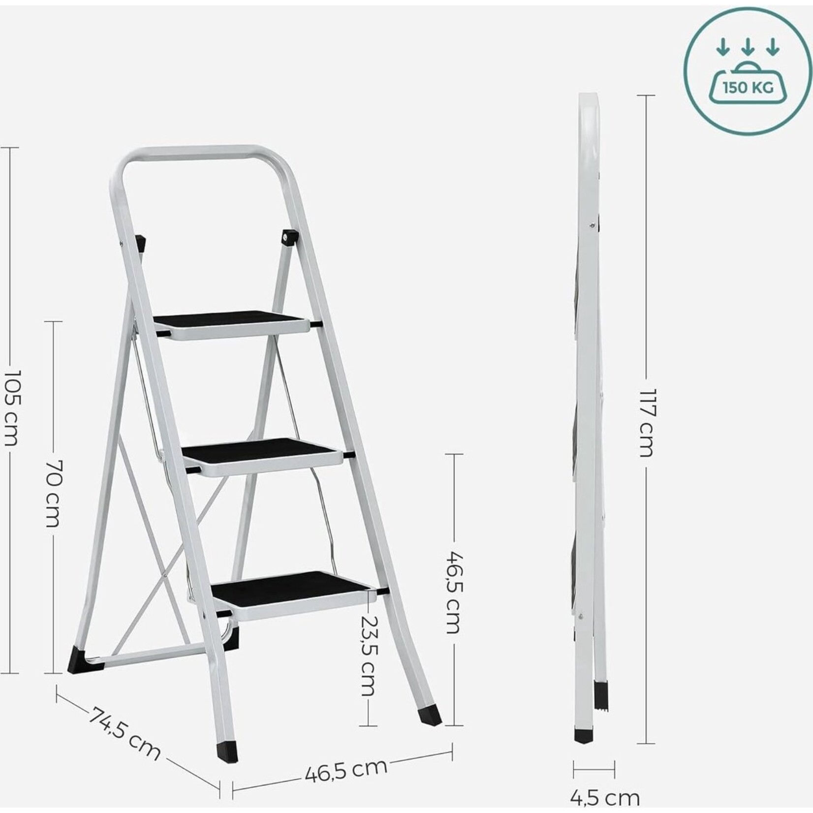 Parya home Stair ladder 3-span folding ladder - load capacity 150 kg - GS certified - black and white