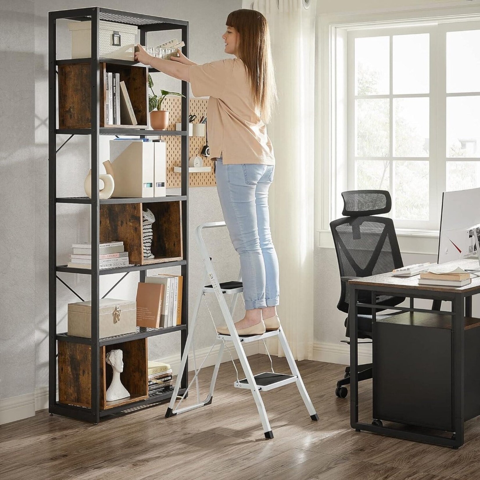 Parya home Stair ladder 3-span folding ladder - load capacity 150 kg - GS certified - black and white