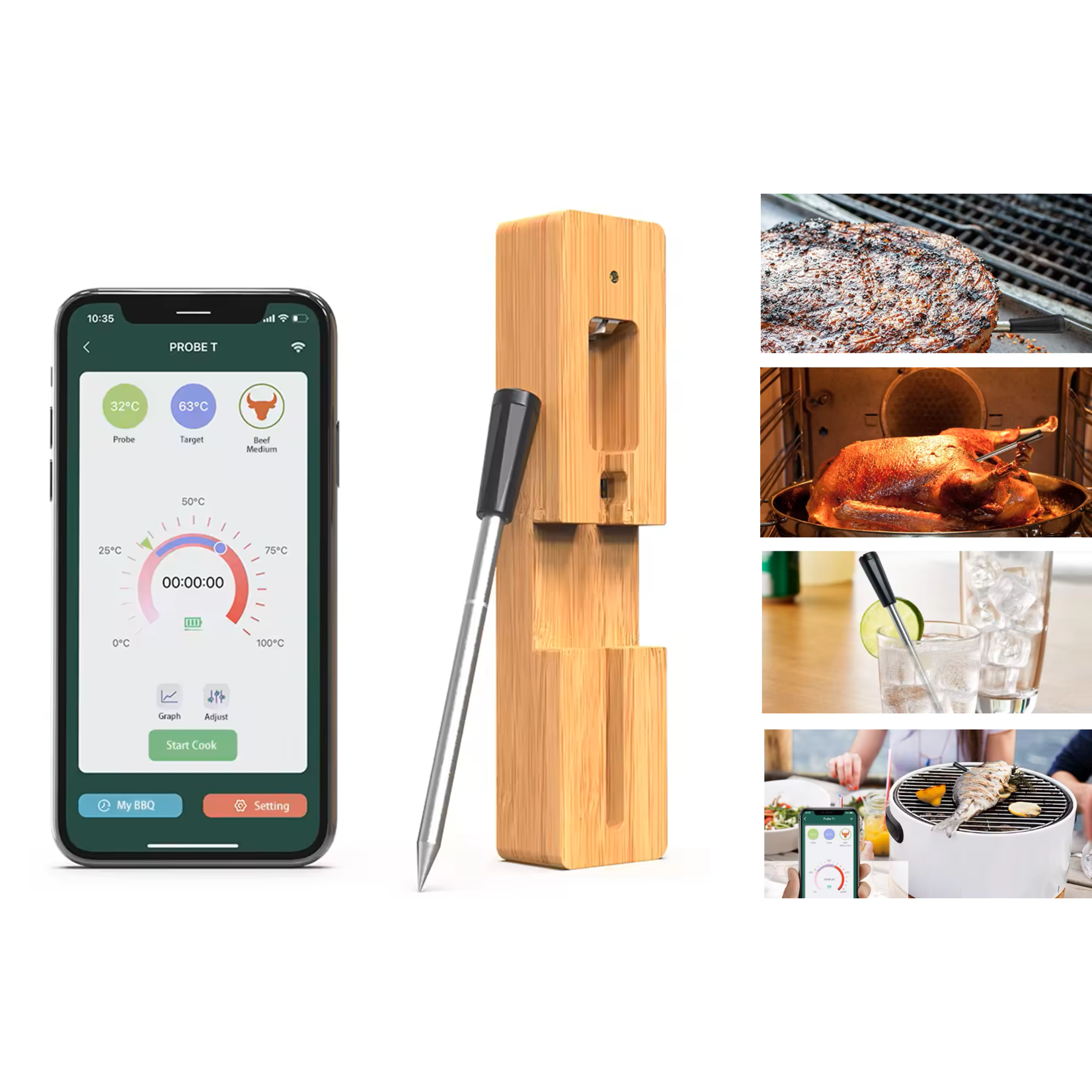 Dutch Wanted Dutch Wanted - Meat thermometer Wireless with App - Oven thermometer - BBQ Thermometer with Bluetooth - BBQ accessories - Stainless steel - BLACK