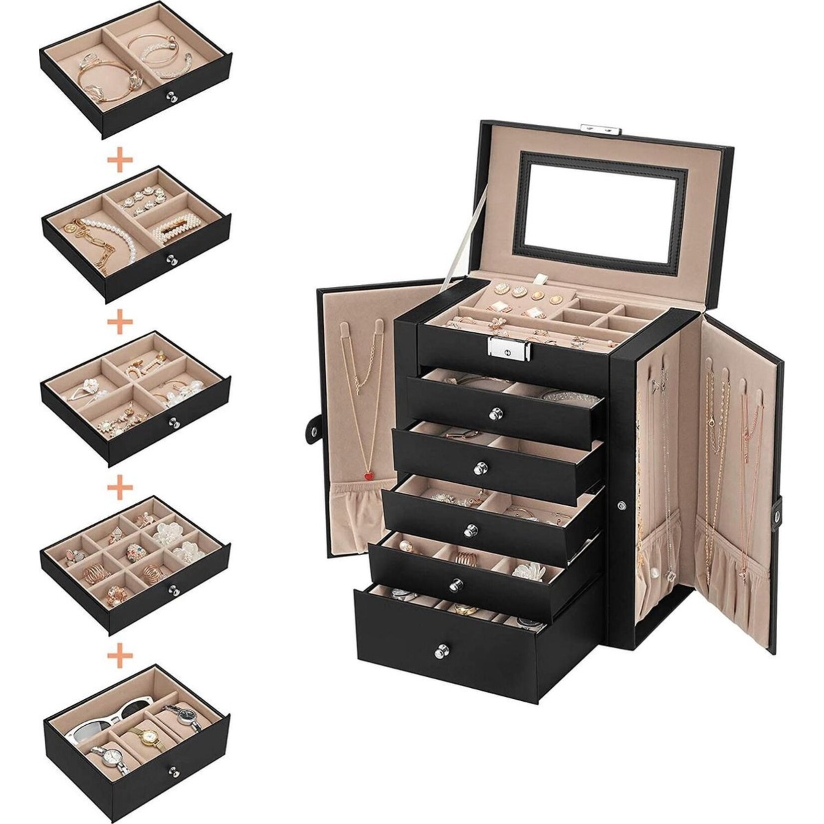Parya Home Parya Home sieradendoos met 6 niveaus, zijklepdeurtjes, laden, spiegel en slot, voor ringen, oorbellen, horloges, zwart