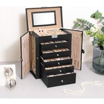 Parya Home sieradendoos met 6 niveaus, zijklepdeurtjes, laden, spiegel en slot, voor ringen, oorbellen, horloges, zwart