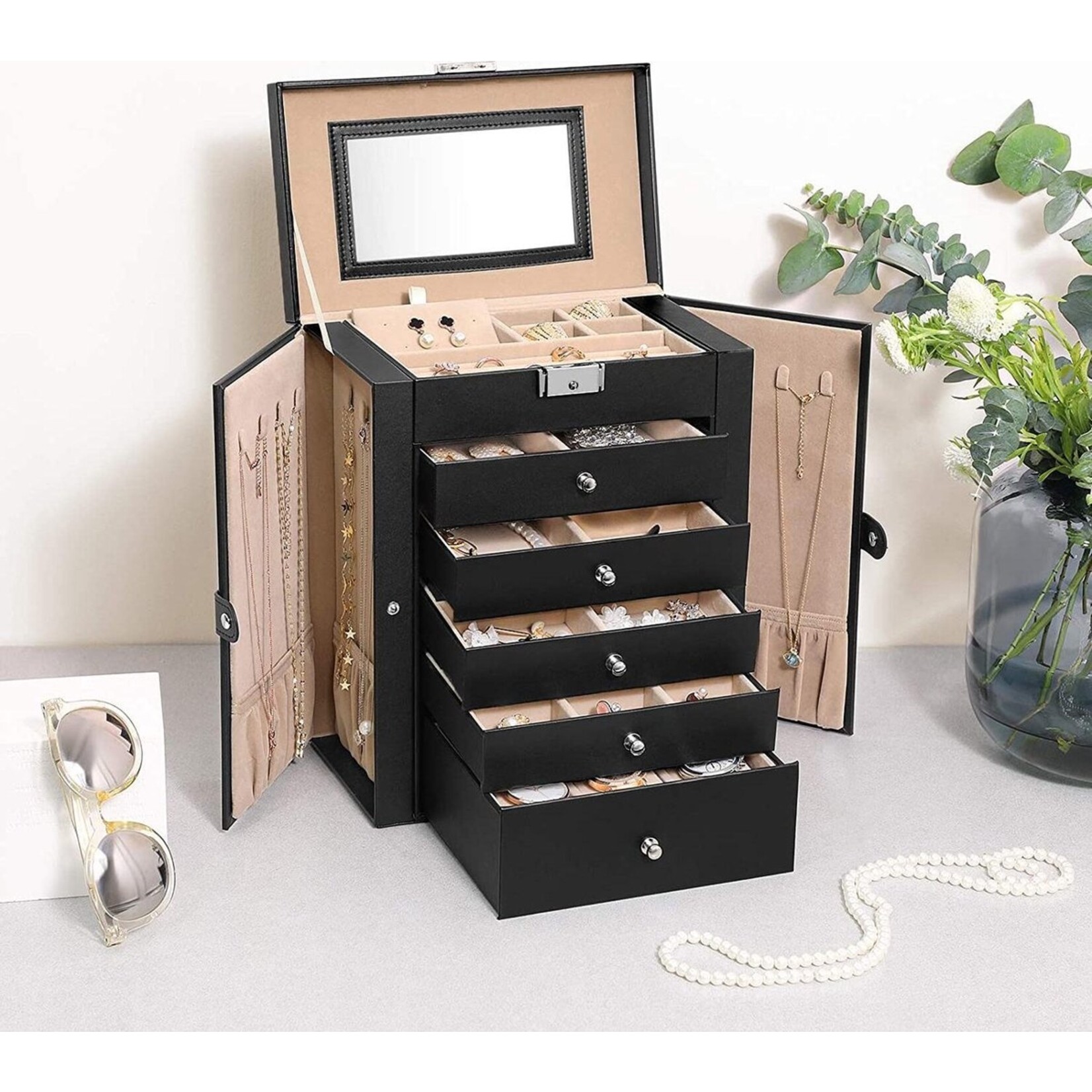 Parya Home Parya Home sieradendoos met 6 niveaus, zijklepdeurtjes, laden, spiegel en slot, voor ringen, oorbellen, horloges, zwart