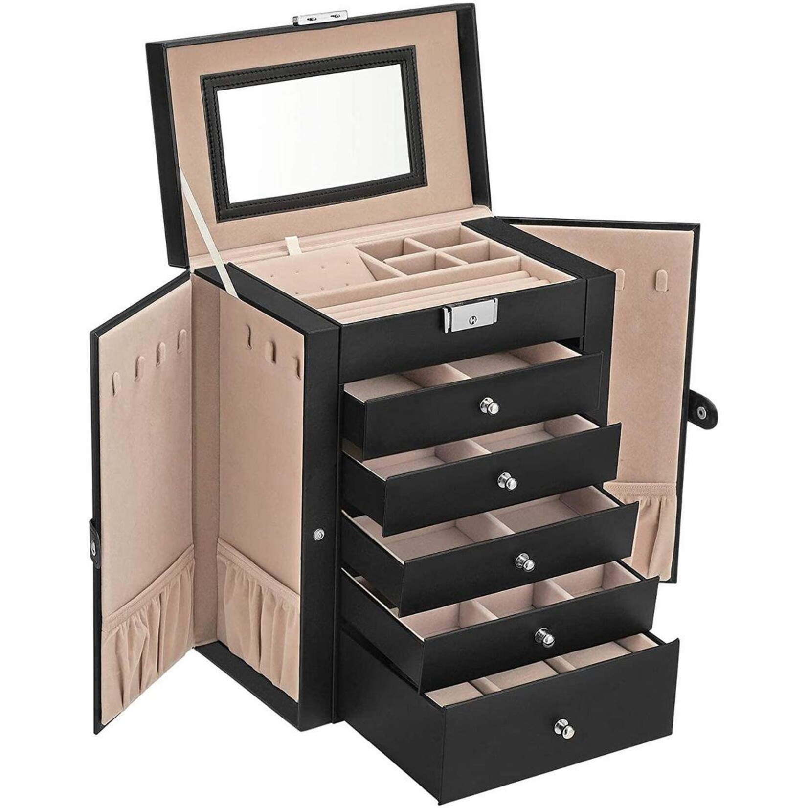 Parya Home Parya Home sieradendoos met 6 niveaus, zijklepdeurtjes, laden, spiegel en slot, voor ringen, oorbellen, horloges, zwart