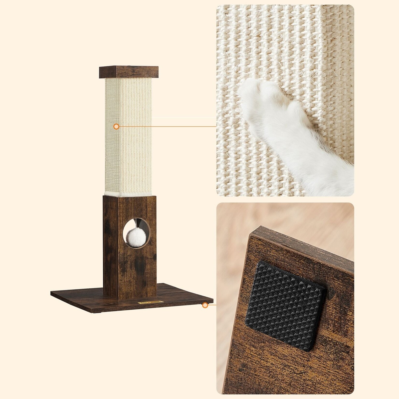 Bobbel Home Bobble Home - Cat Scratching Post, Scratching Post Made of Natural Sisal Rope, Scratching Post with Plush Toy Ball, Scratch Protection for Furniture, 73 cm High, Vintage Brown