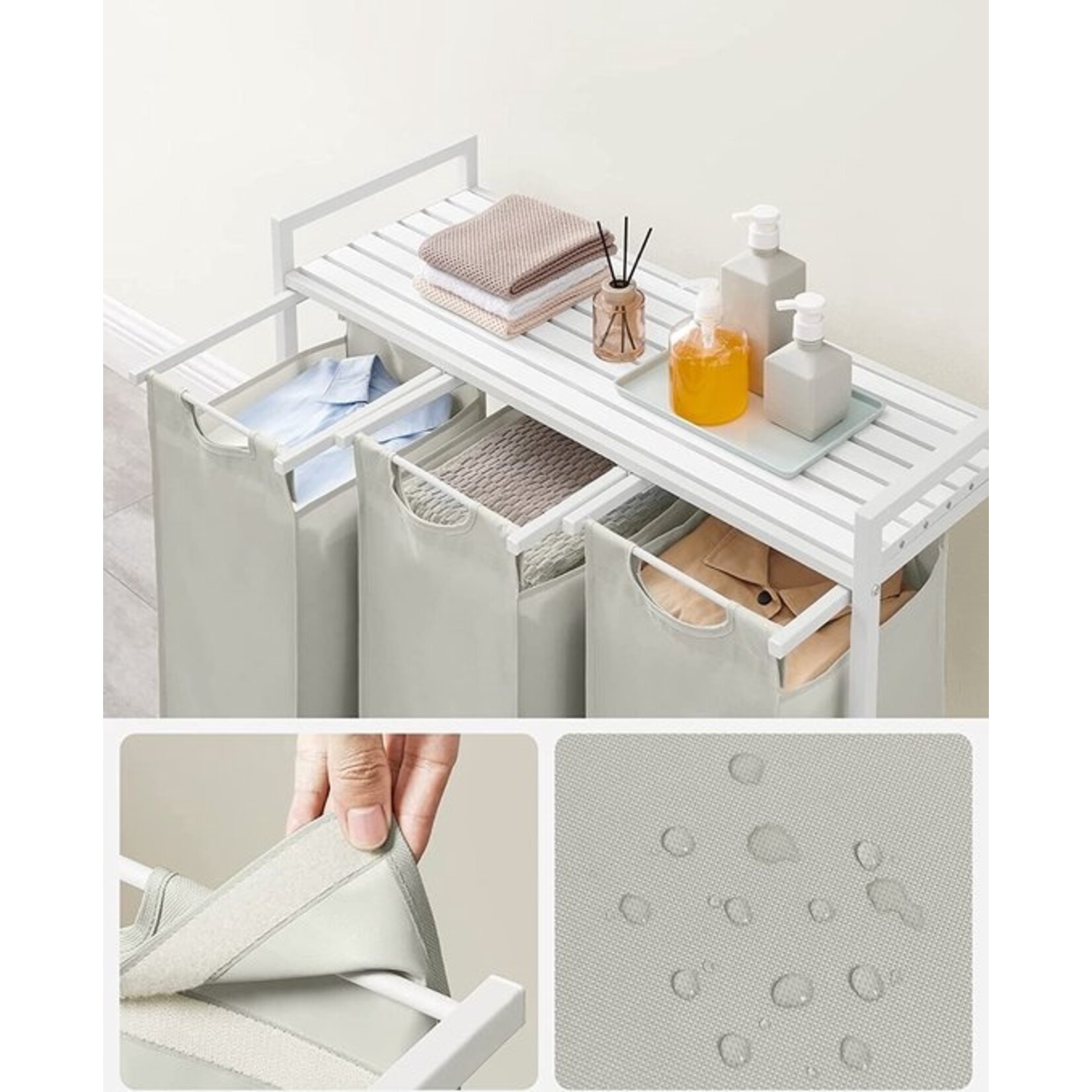 Parya Home Laundry Basket With 3 Compartments, Pull-out Laundry Sorter, Removable Laundry Bag, 3 X 38L, 92.5 X 33 X 72 Cm, White