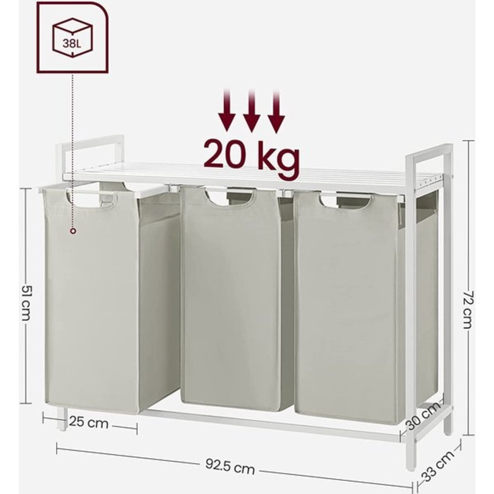 Parya Home Laundry Basket With 3 Compartments, Pull-out Laundry Sorter, Removable Laundry Bag, 3 X 38L, 92.5 X 33 X 72 Cm, White