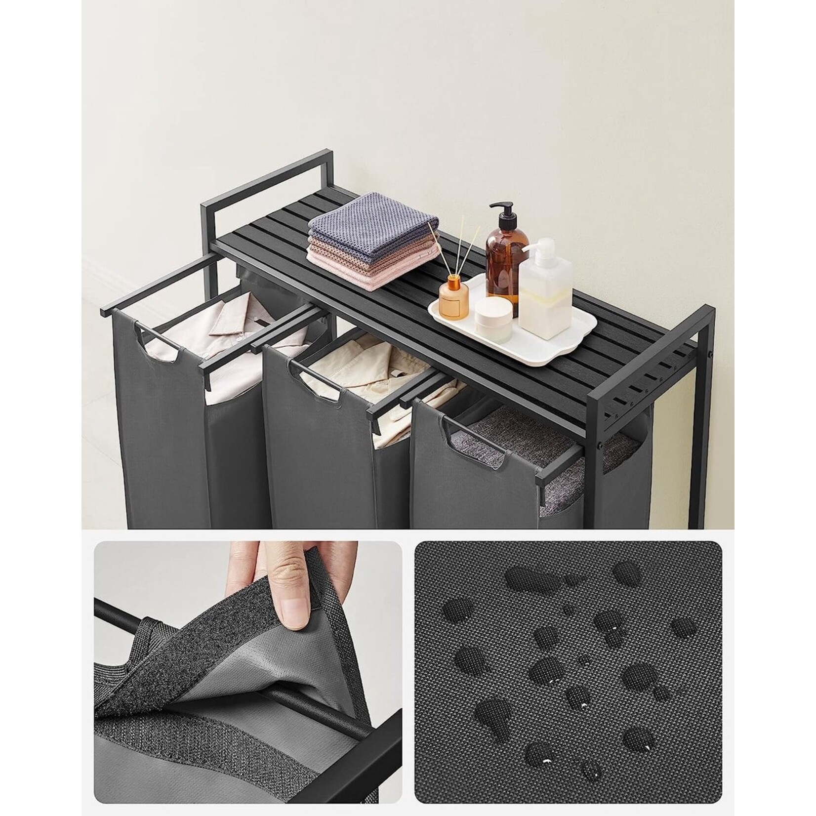 Wasmand Met 3 Vakken, Uittrekbaar Wassorteerder, Afneembaar Waszak, 3 X 38L, 92,5 X 33 X 72 Cm, Zwart-Grijs