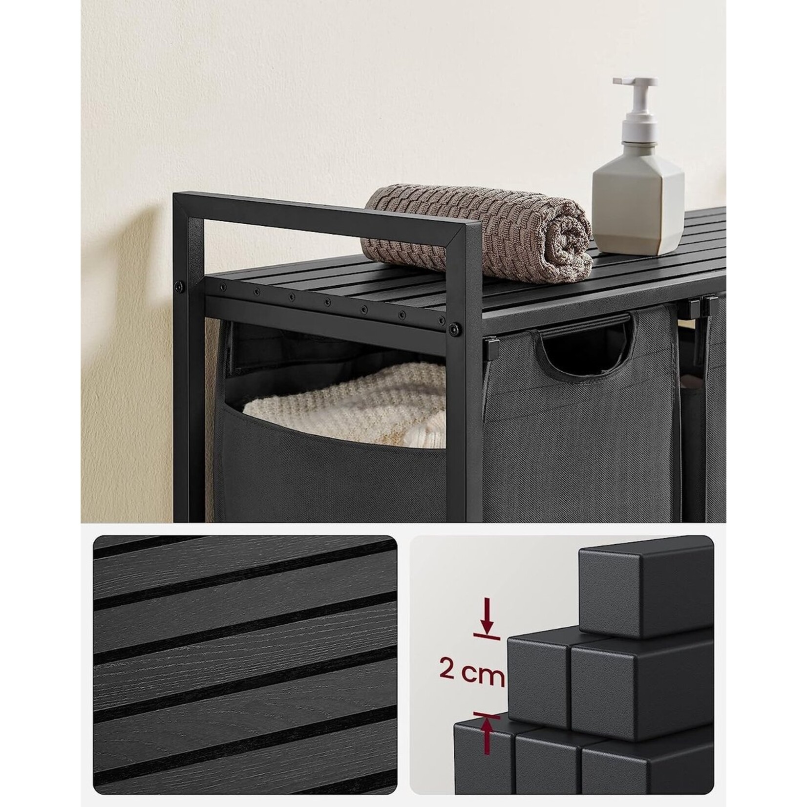 Parya Home 3-Bed Laundry Basket, Pull-out Laundry Sorter, Removable Laundry Bag, 3 X 38L, 92.5 X 33 X 72 cm, Black Gray