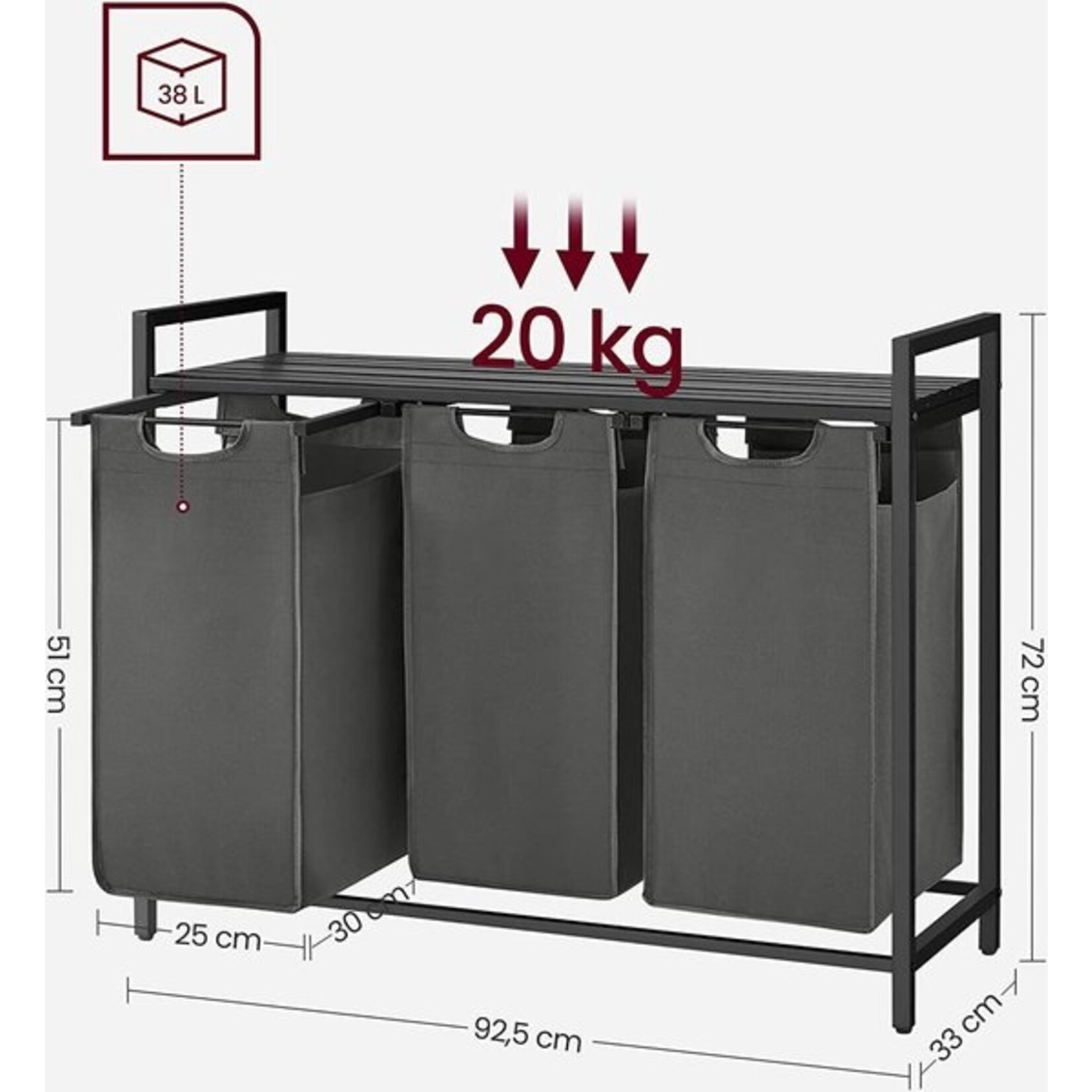 Wasmand Met 3 Vakken, Uittrekbaar Wassorteerder, Afneembaar Waszak, 3 X 38L, 92,5 X 33 X 72 Cm, Zwart-Grijs