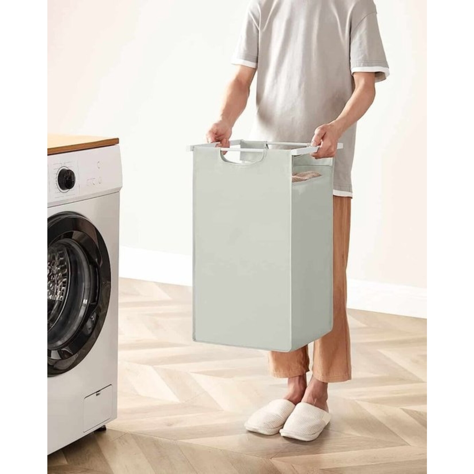 Wasmand 2 compartimenten, wasmand met plank, waskast, oxford stof verwijderbaar metalen frame, 2 x 46 l, 73 x 33 x 72 cm, wit