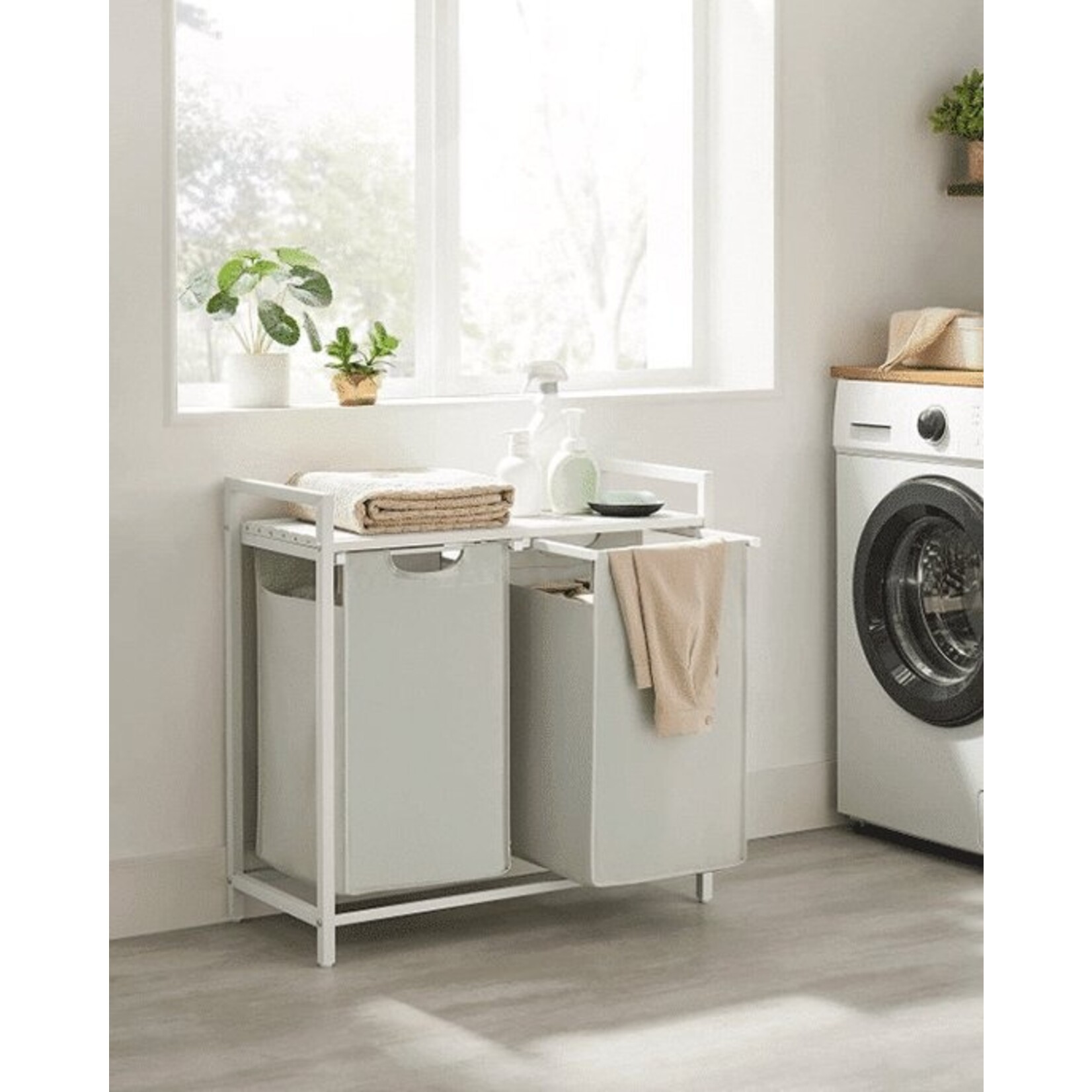 Wasmand 2 compartimenten, wasmand met plank, waskast, oxford stof verwijderbaar metalen frame, 2 x 46 l, 73 x 33 x 72 cm, wit