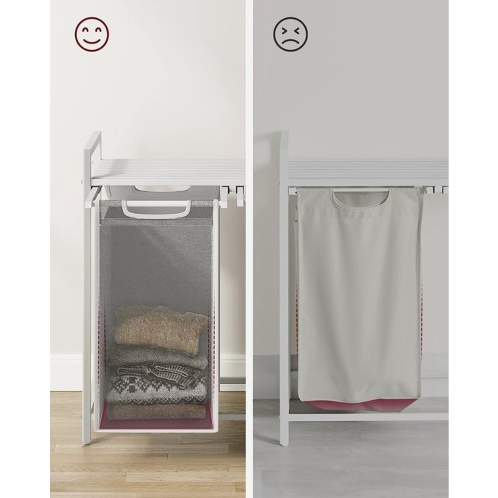Laundry basket 2 compartments, laundry bucket with shelf, laundry closet, oxford fabric removable metal frame, 2 x 46 l, 73 x 33 x 72 cm, white