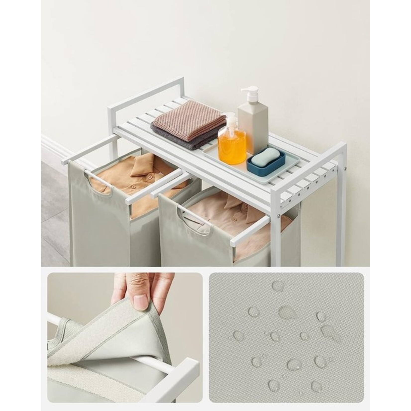 Wasmand 2 compartimenten, wasmand met plank, waskast, oxford stof verwijderbaar metalen frame, 2 x 46 l, 73 x 33 x 72 cm, wit