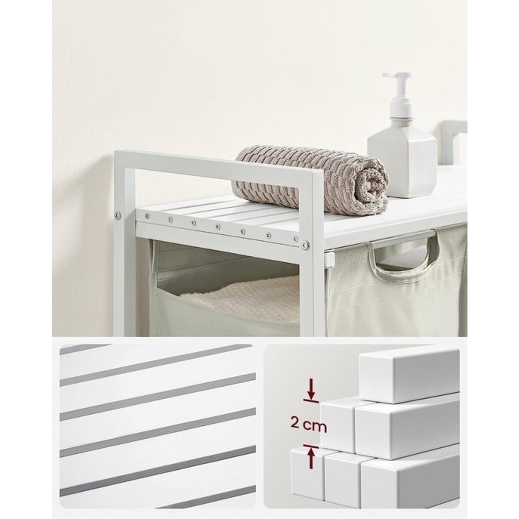 Wasmand 2 compartimenten, wasmand met plank, waskast, oxford stof verwijderbaar metalen frame, 2 x 46 l, 73 x 33 x 72 cm, wit