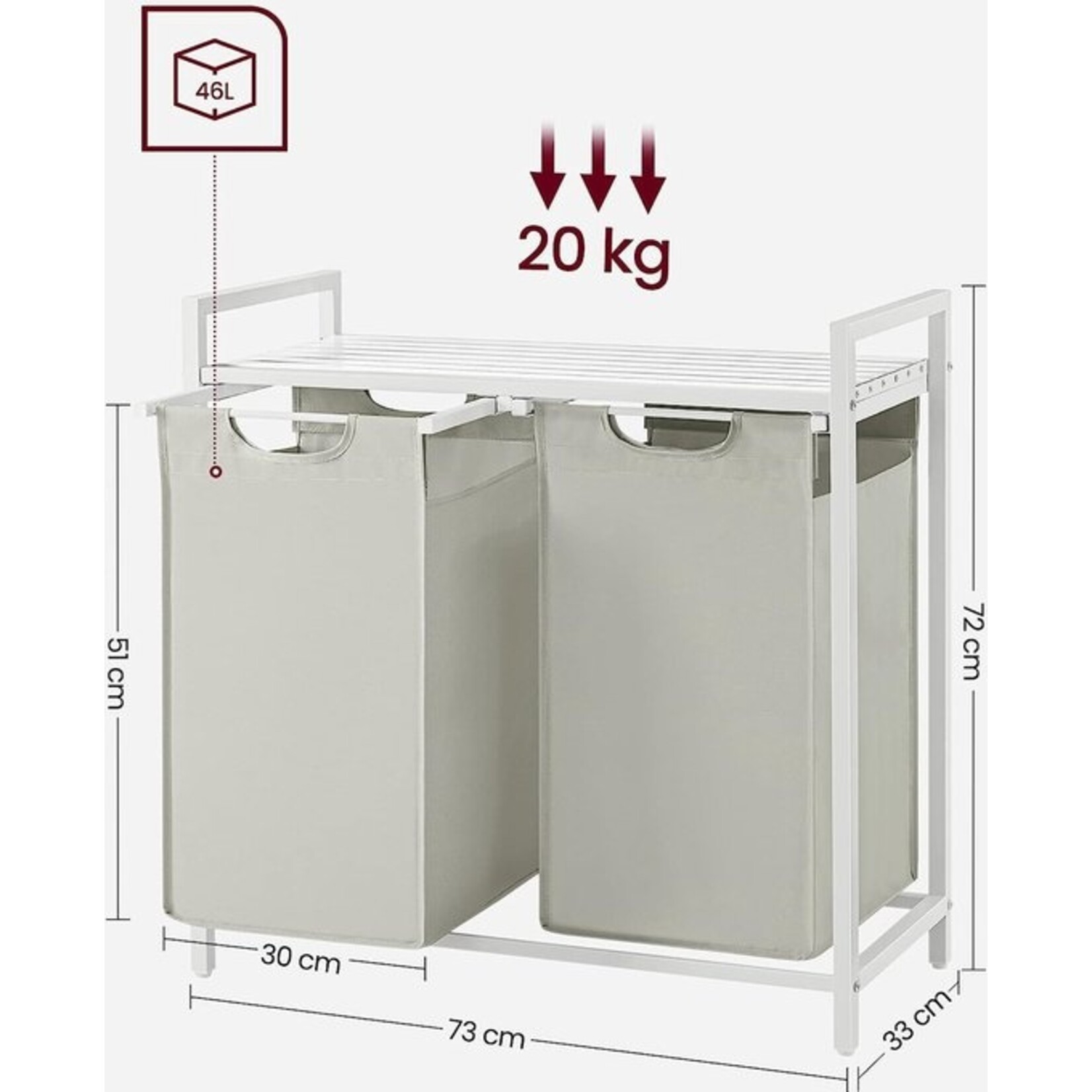 Wasmand 2 compartimenten, wasmand met plank, waskast, oxford stof verwijderbaar metalen frame, 2 x 46 l, 73 x 33 x 72 cm, wit