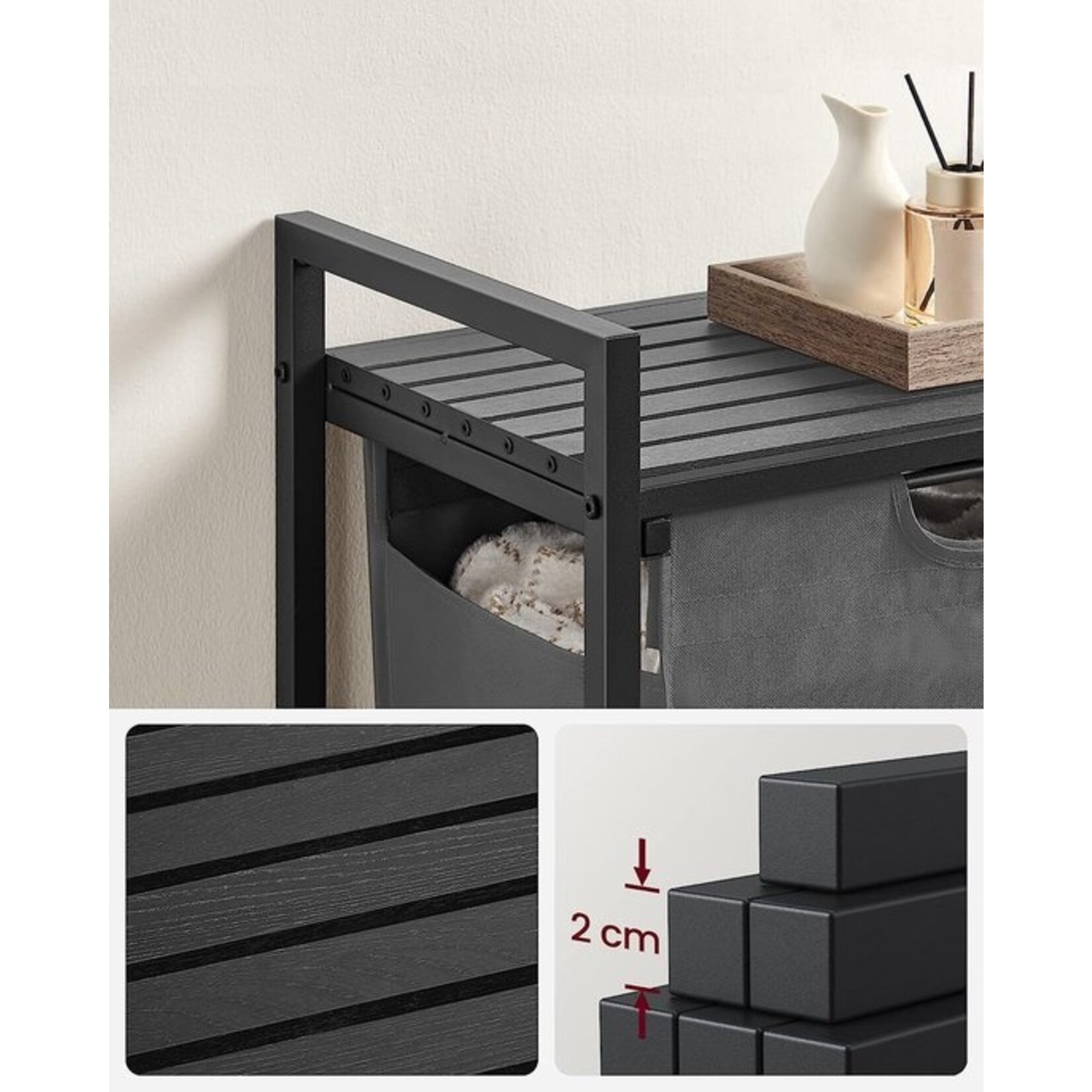 Parya Home Wasmand, wasemmer met plank, waskast, oxford stof wasstas uitbreidbaar, verwijderbaar, metalen frame, 65 l, 50 x 33 x 72 cm, zwartgrijs