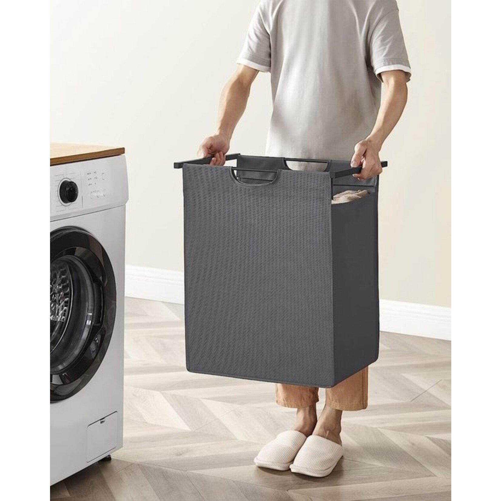 Parya Home Laundry basket, laundry bucket with shelf, laundry closet, oxford fabric laundry bag expandable, removable, metal frame, 65 l, 50 x 33 x 72 cm, black gray