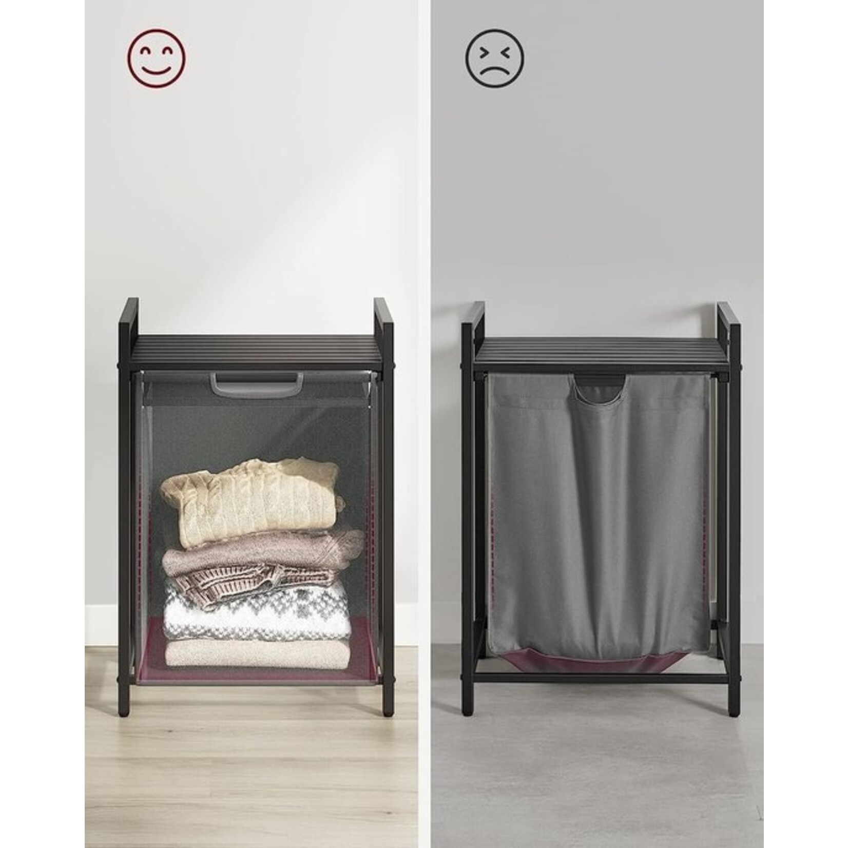 Parya Home Laundry basket, laundry bucket with shelf, laundry closet, oxford fabric laundry bag expandable, removable, metal frame, 65 l, 50 x 33 x 72 cm, black gray