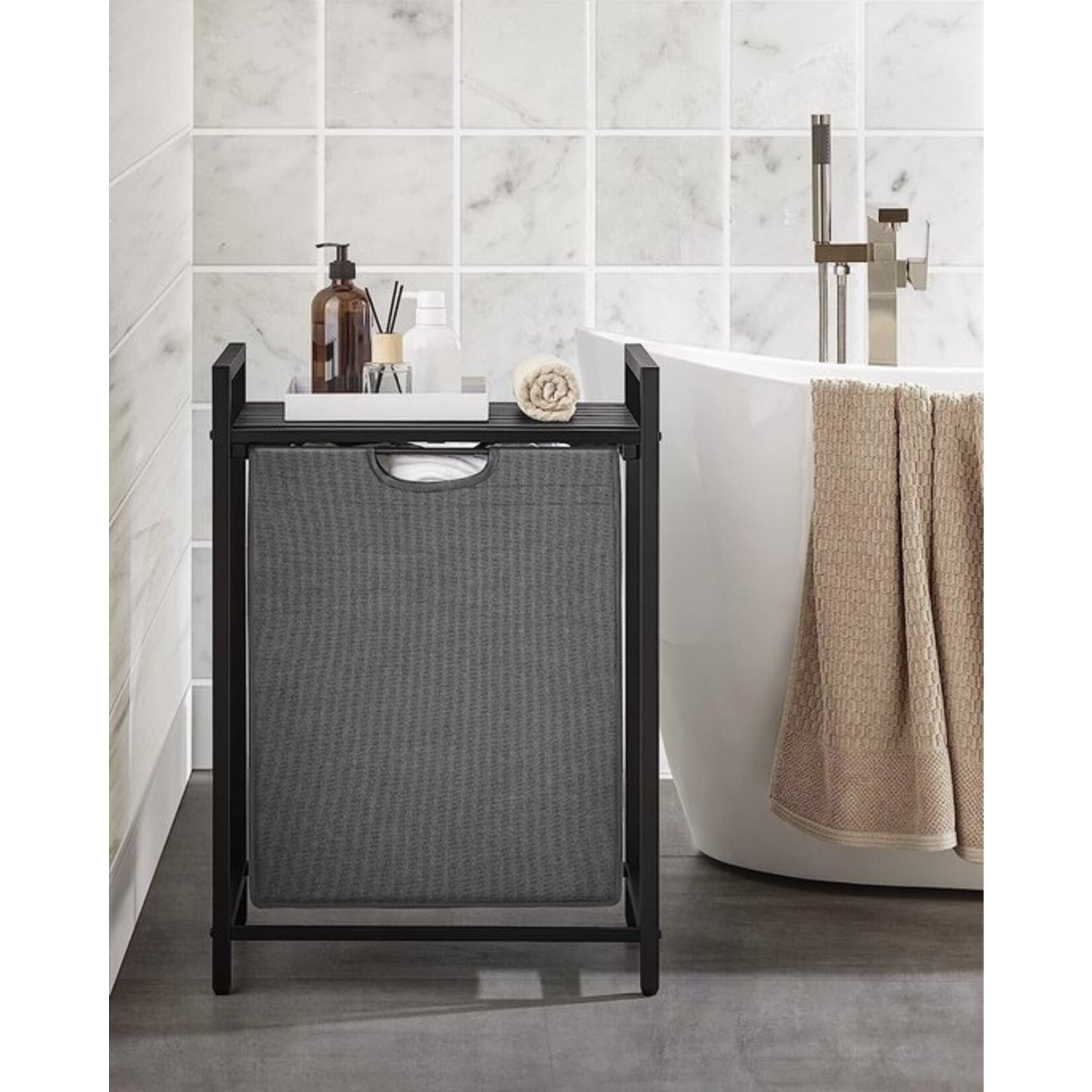 Parya Home Wasmand, wasemmer met plank, waskast, oxford stof wasstas uitbreidbaar, verwijderbaar, metalen frame, 65 l, 50 x 33 x 72 cm, zwartgrijs