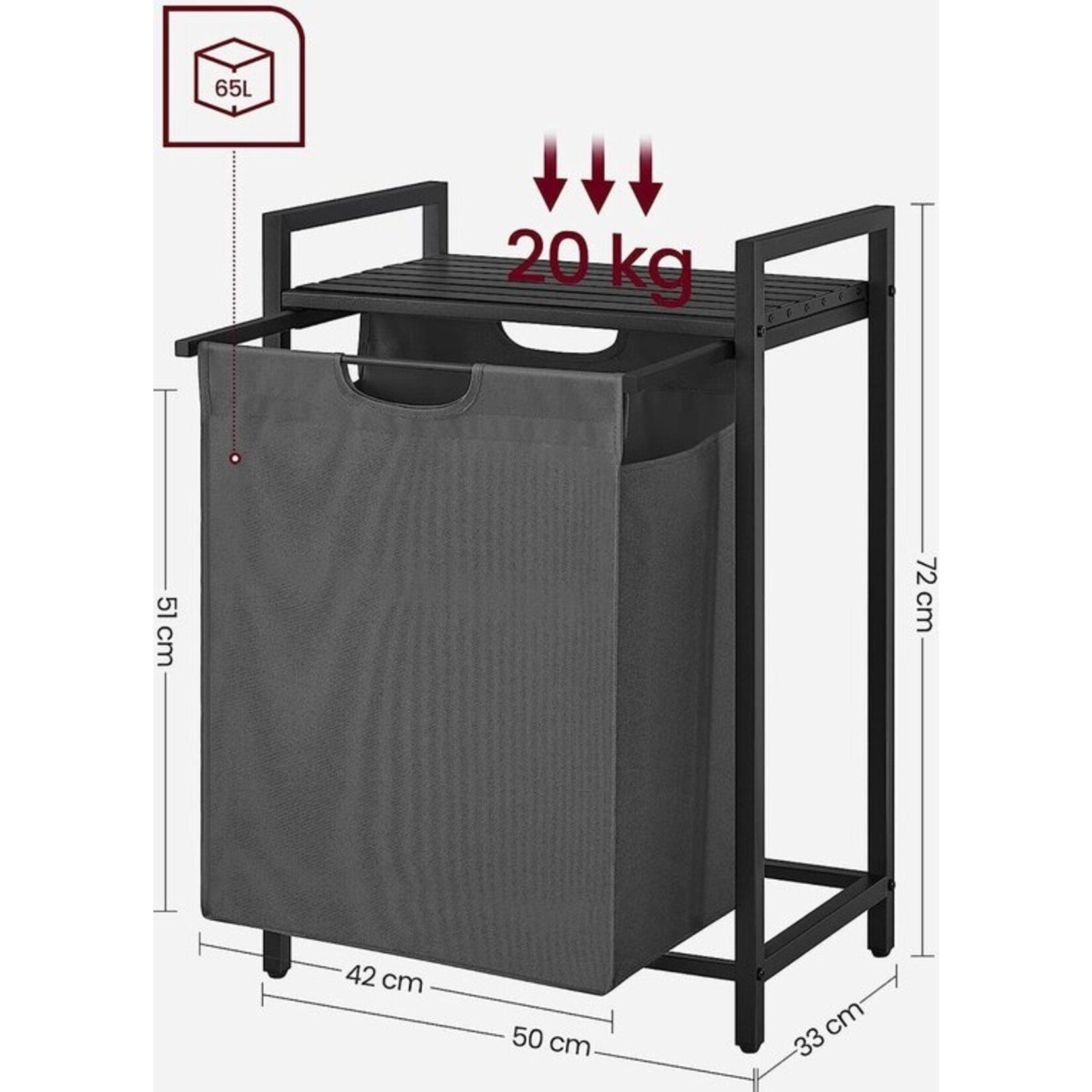 Wasmand, wasemmer met plank, waskast, oxford stof wasstas uitbreidbaar, verwijderbaar, metalen frame, 65 l, 50 x 33 x 72 cm, zwartgrijs