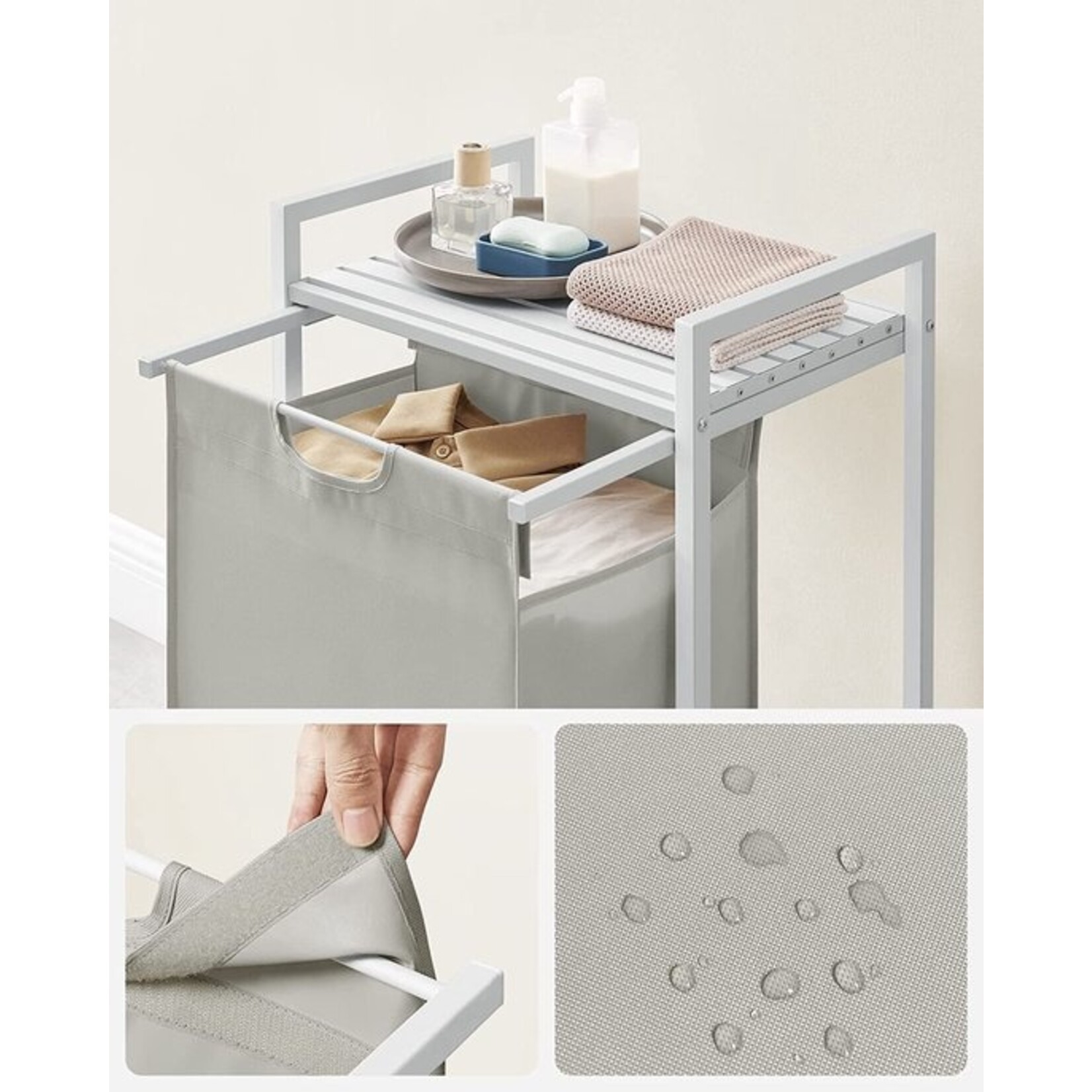 Laundry basket, laundry bucket with shelf, laundry cabinet, oxford fabric laundry bag expandable, removable, metal frame, 65 l, 50 x 33 x 72 cm, white