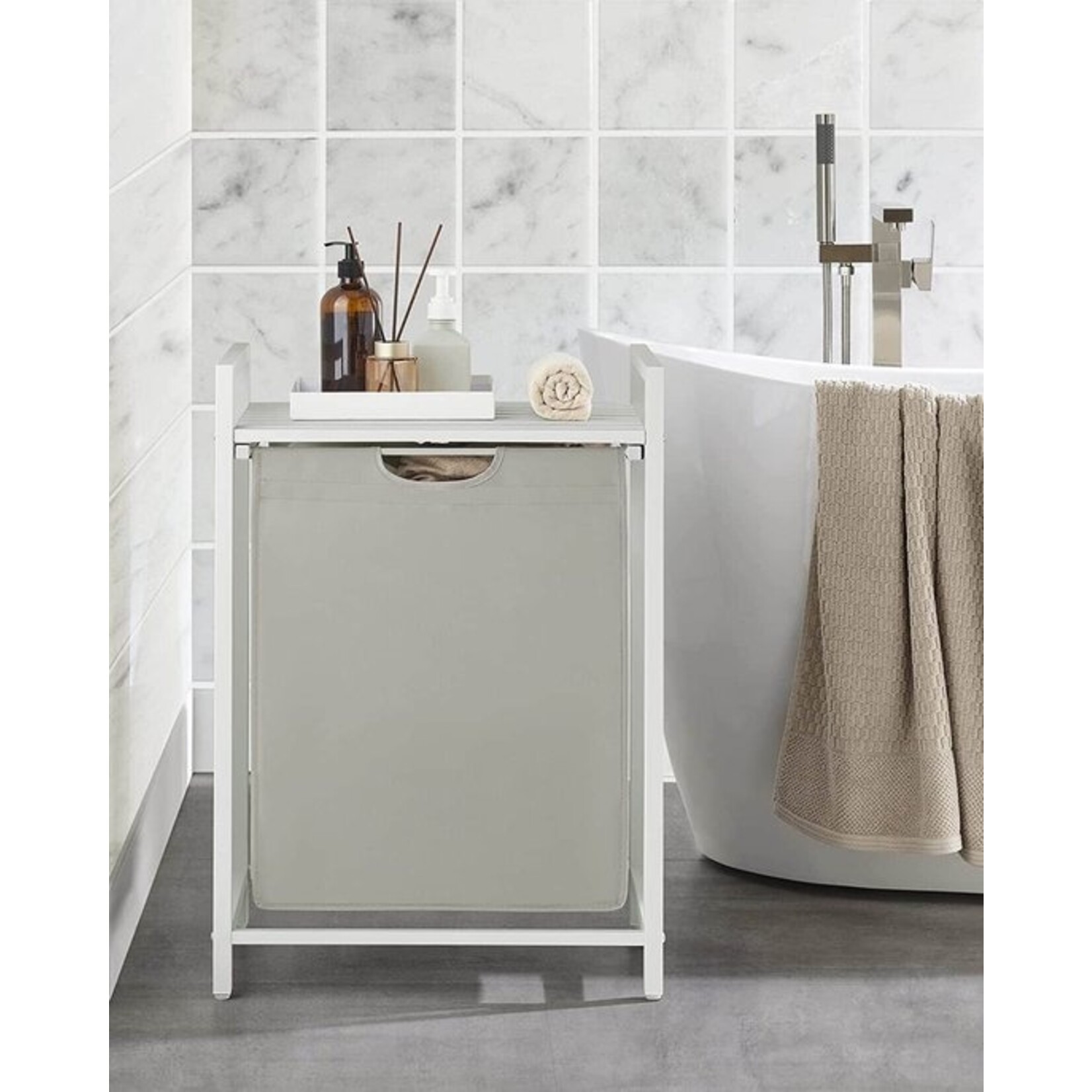 Wasmand, wasemmer met plank, waskast, oxford stof wasstas uitbreidbaar, verwijderbaar, metalen frame, 65 l, 50 x 33 x 72 cm, wit