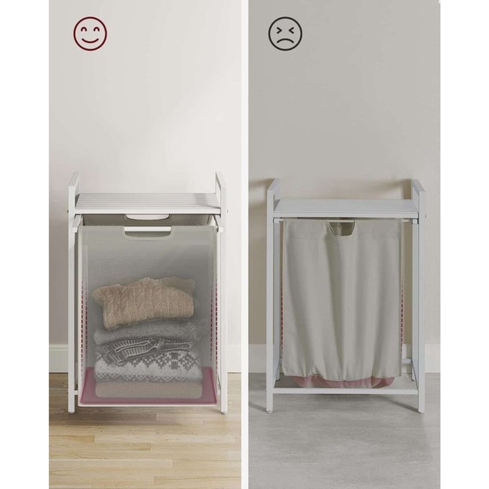 Parya Home Wasmand, wasemmer met plank, waskast, oxford stof wasstas uitbreidbaar, verwijderbaar, metalen frame, 65 l, 50 x 33 x 72 cm, wit