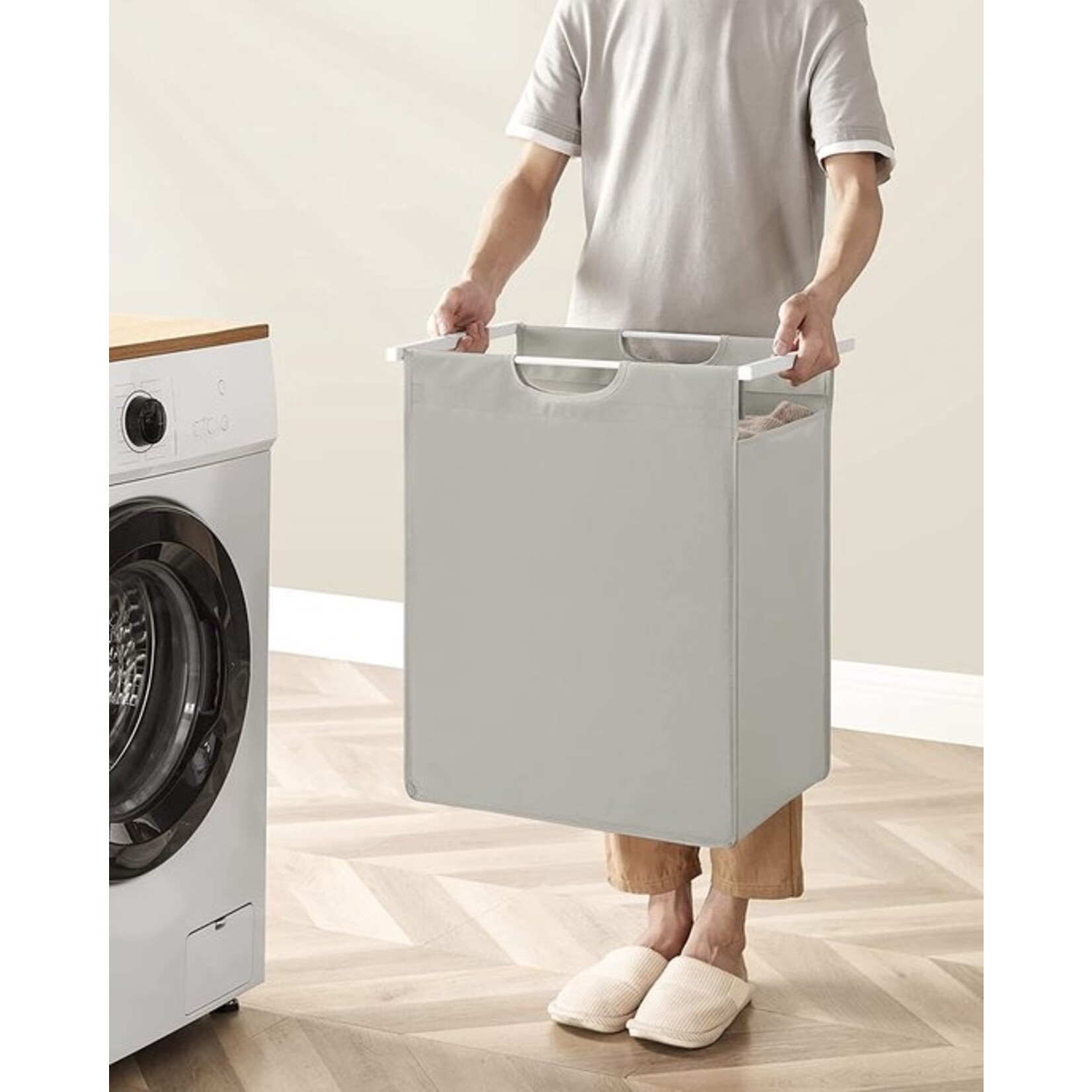 Laundry basket, laundry bucket with shelf, laundry cabinet, oxford fabric laundry bag expandable, removable, metal frame, 65 l, 50 x 33 x 72 cm, white
