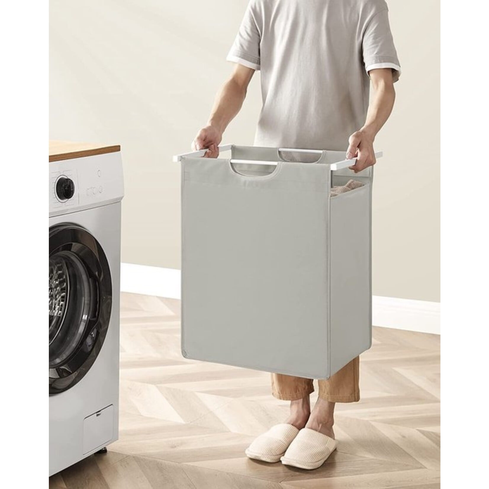 Wasmand, wasemmer met plank, waskast, oxford stof wasstas uitbreidbaar, verwijderbaar, metalen frame, 65 l, 50 x 33 x 72 cm, wit