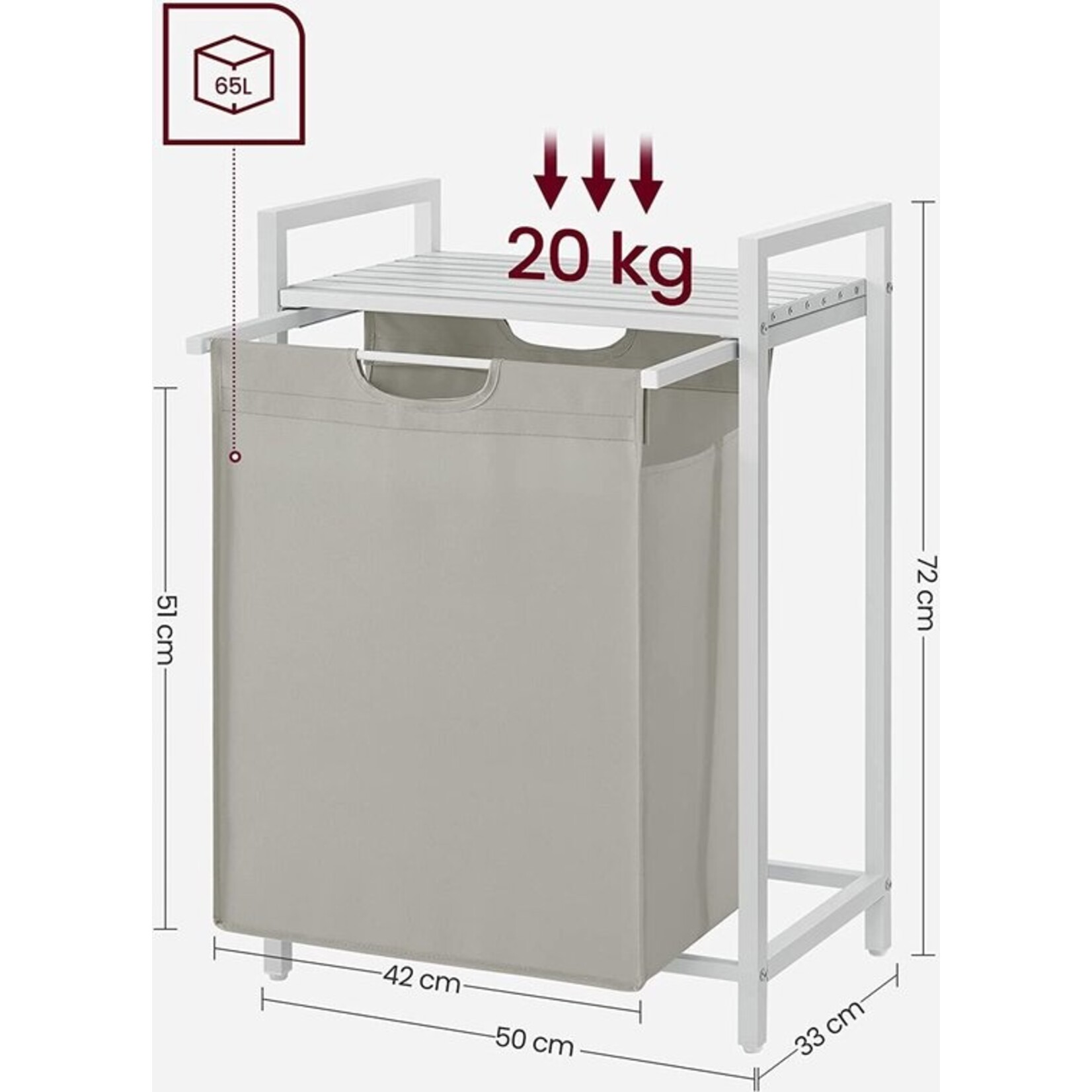Laundry basket, laundry bucket with shelf, laundry cabinet, oxford fabric laundry bag expandable, removable, metal frame, 65 l, 50 x 33 x 72 cm, white