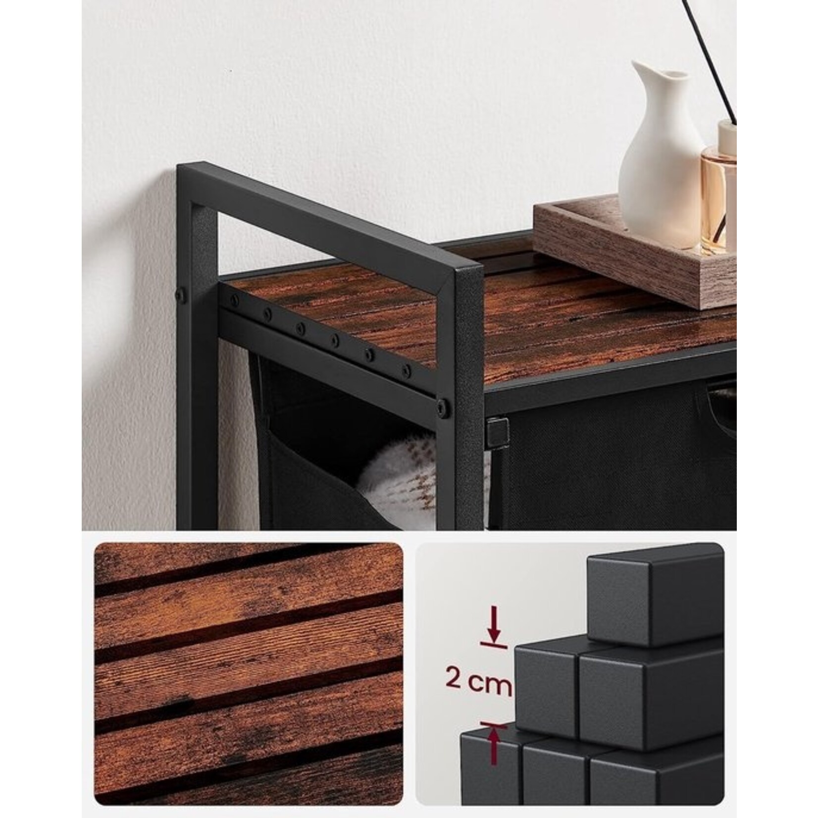 Laundry basket, laundry bucket with shelf, laundry cabinet, oxford fabric laundry bag expandable removable, metal frame, 65 l, 50 x 33 x 72 cm, vintage brown black