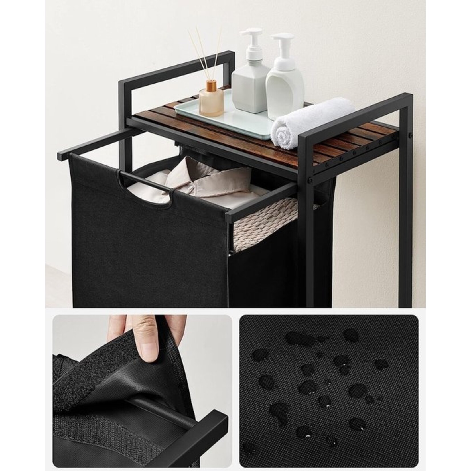 Parya Home Wasmand, was emmer met plank, waskast, oxford stof wasstas uitbreidbaar verwijderbaar, metalen frame, 65 l, 50 x 33 x 72 cm, vintage bruin zwart