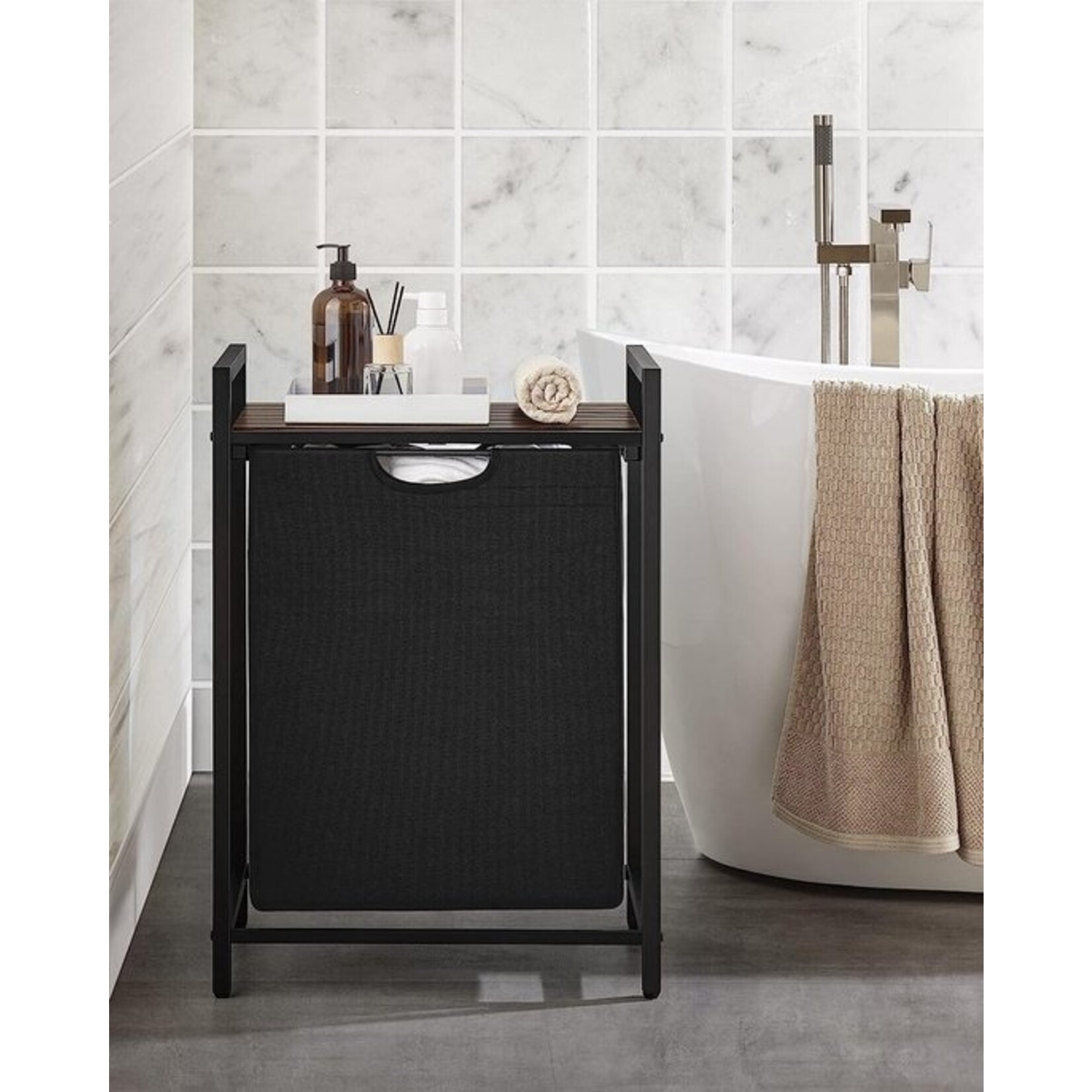 Laundry basket, laundry bucket with shelf, laundry cabinet, oxford fabric laundry bag expandable removable, metal frame, 65 l, 50 x 33 x 72 cm, vintage brown black