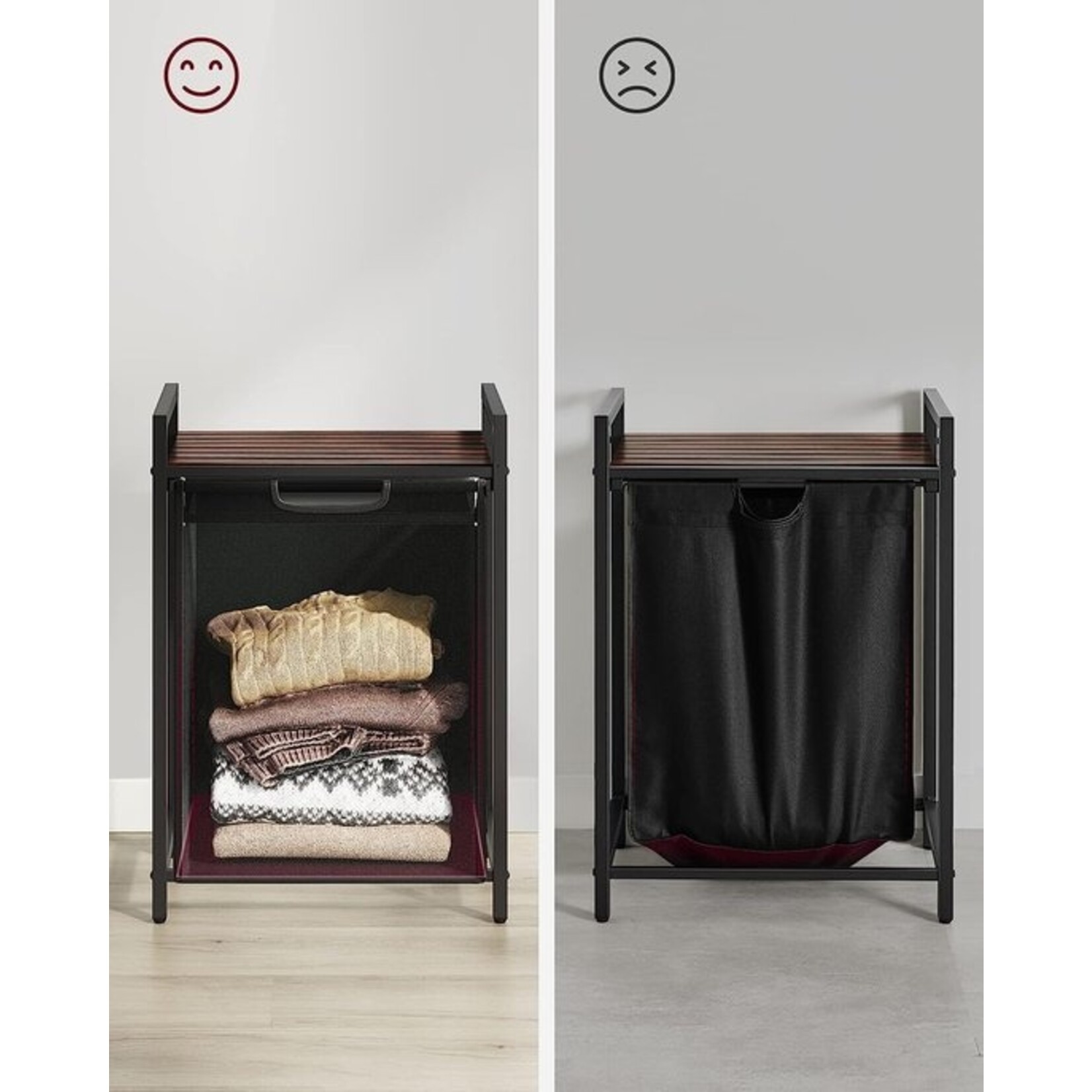 Parya Home Wasmand, was emmer met plank, waskast, oxford stof wasstas uitbreidbaar verwijderbaar, metalen frame, 65 l, 50 x 33 x 72 cm, vintage bruin zwart