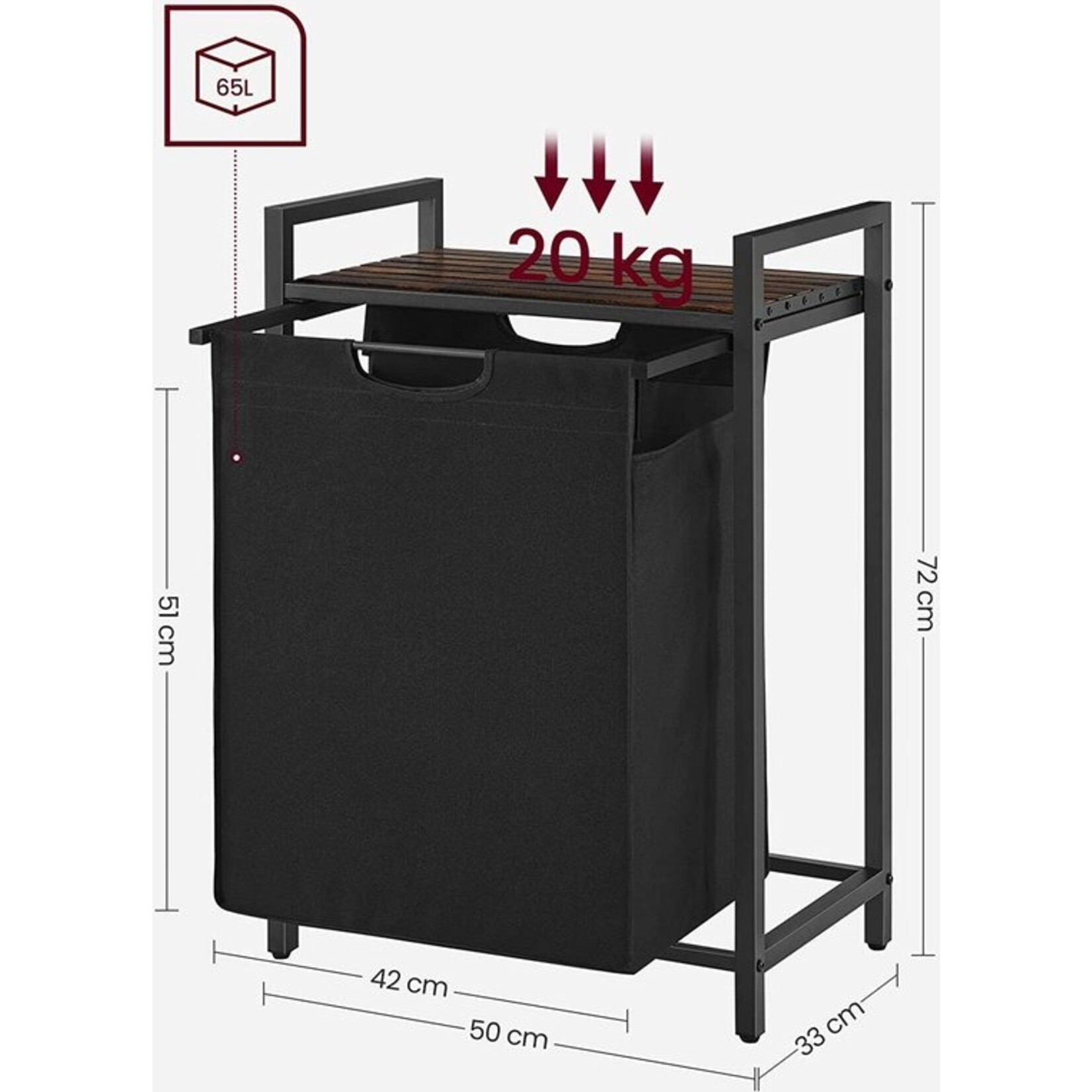 Wasmand, was emmer met plank, waskast, oxford stof wasstas uitbreidbaar verwijderbaar, metalen frame, 65 l, 50 x 33 x 72 cm, vintage bruin zwart