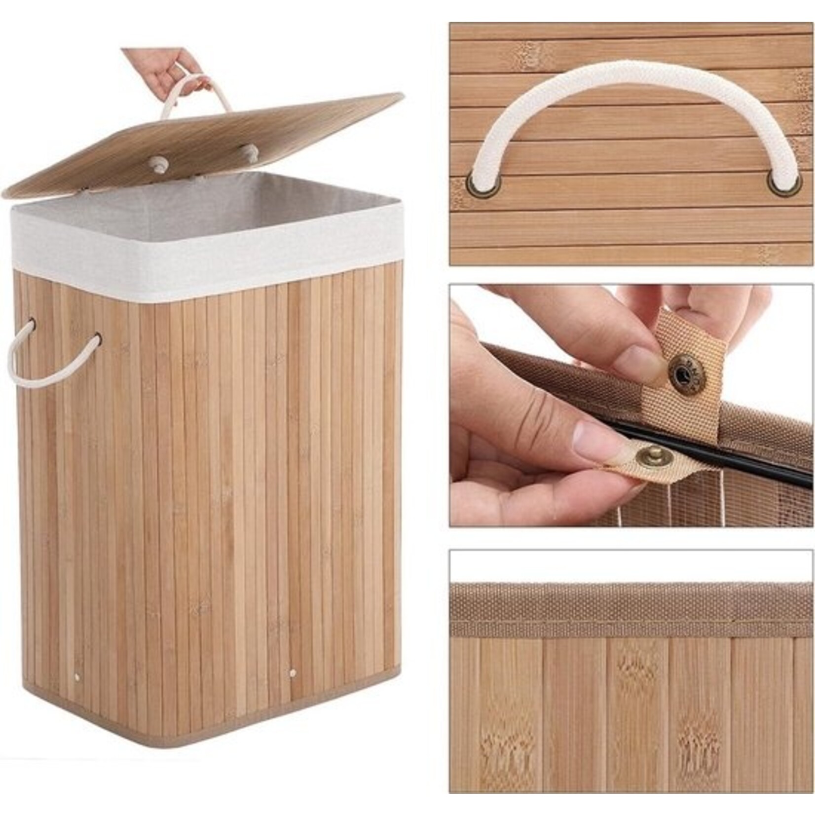 Bobbel Home Bamboe wasmand met katoenen zak, handvaten en deksel, 72 liter- afm. 40 x 30 x 60 cm