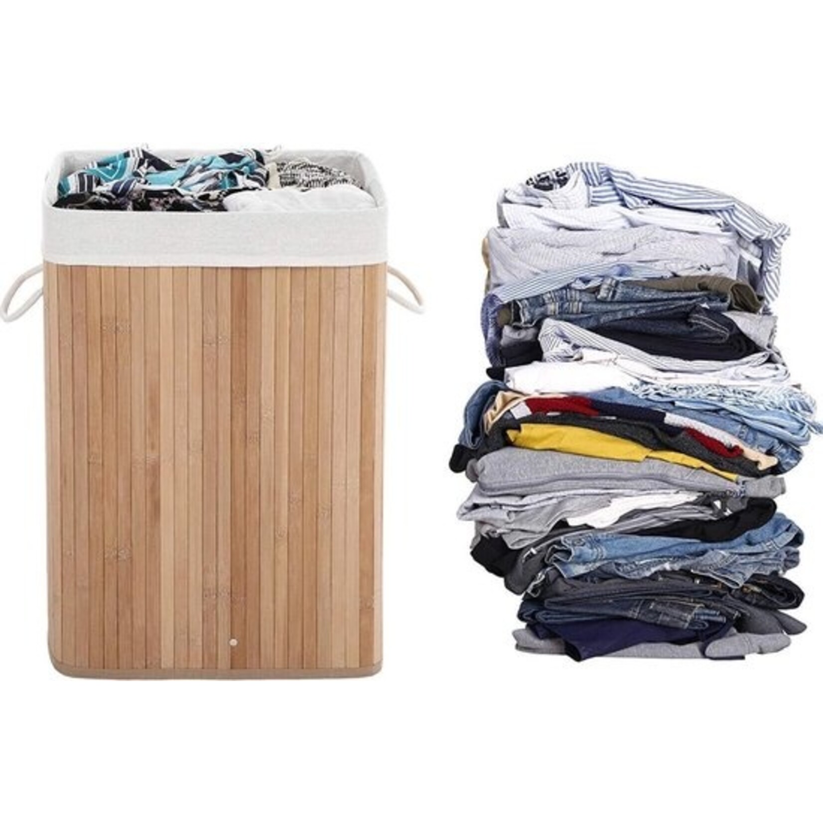 Bobbel Home Bamboe wasmand met katoenen zak, handvaten en deksel, 72 liter- afm. 40 x 30 x 60 cm