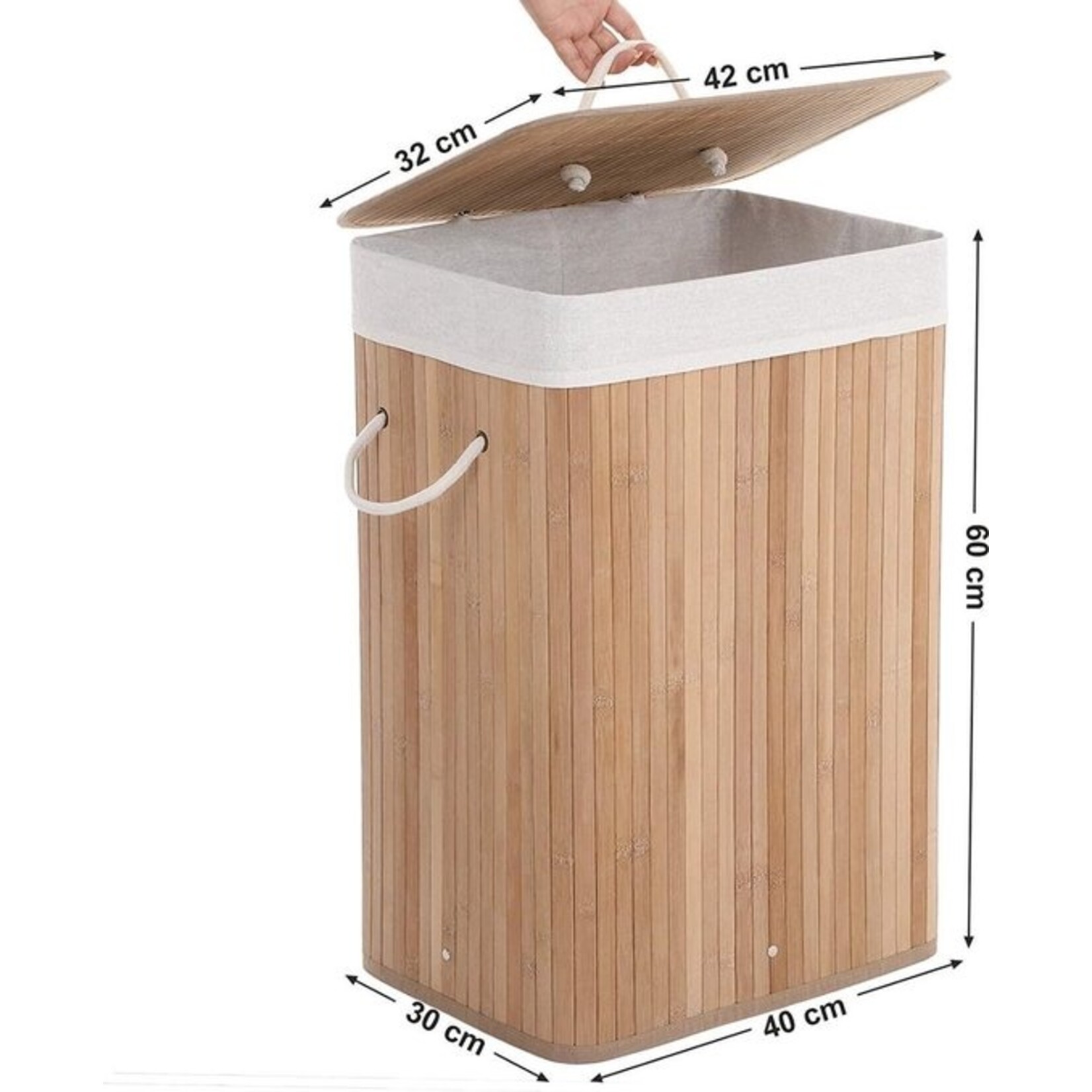 Bobbel Home Bamboo laundry basket with cotton bag, handles and lid, 72 liters- dim. 40 x 30 x 60 cm