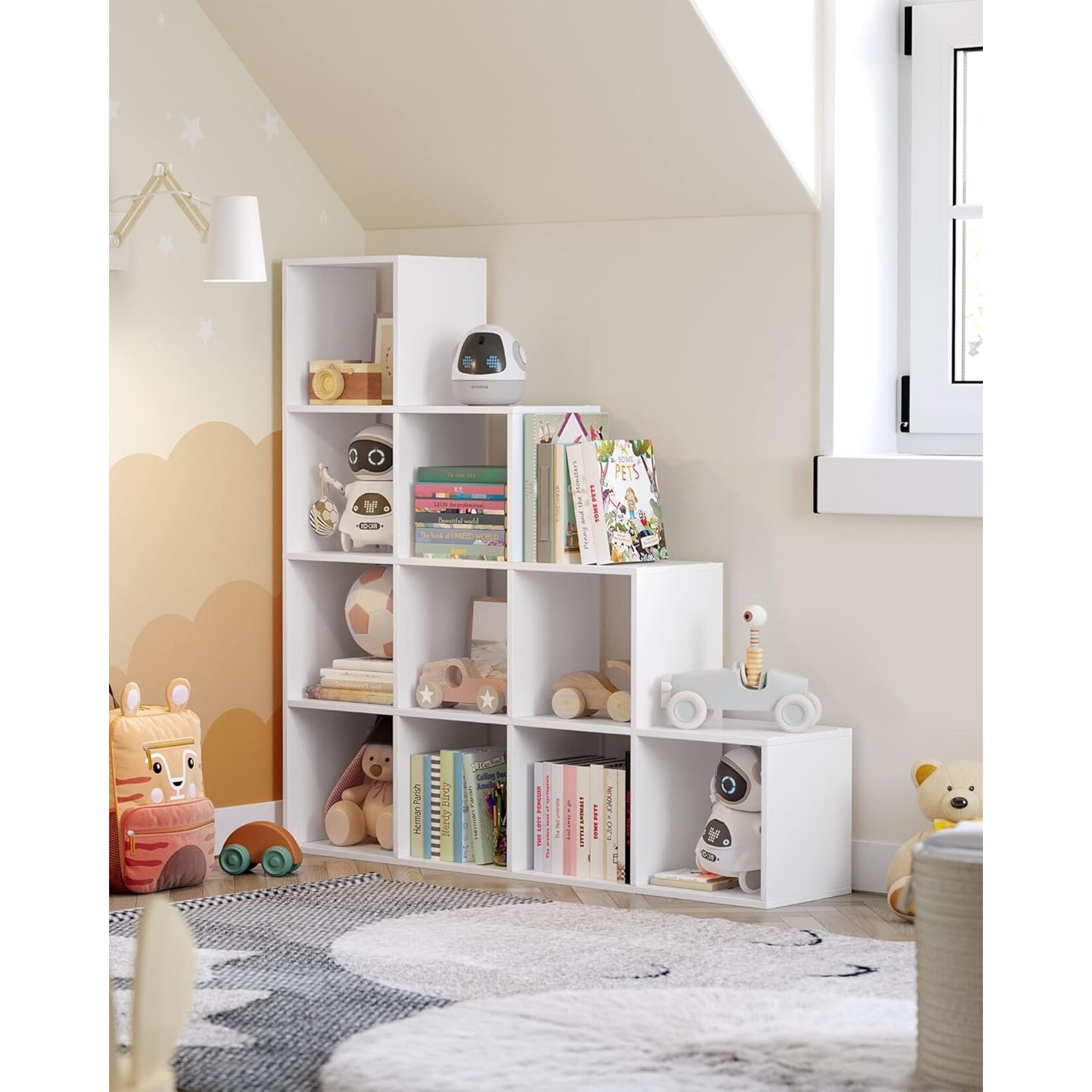 Parya Home Boekenkast, designkast, 10 kubusvakken, tentoonstellingsrek van hout, vrijstaand rek, ruimteverdeler, wit