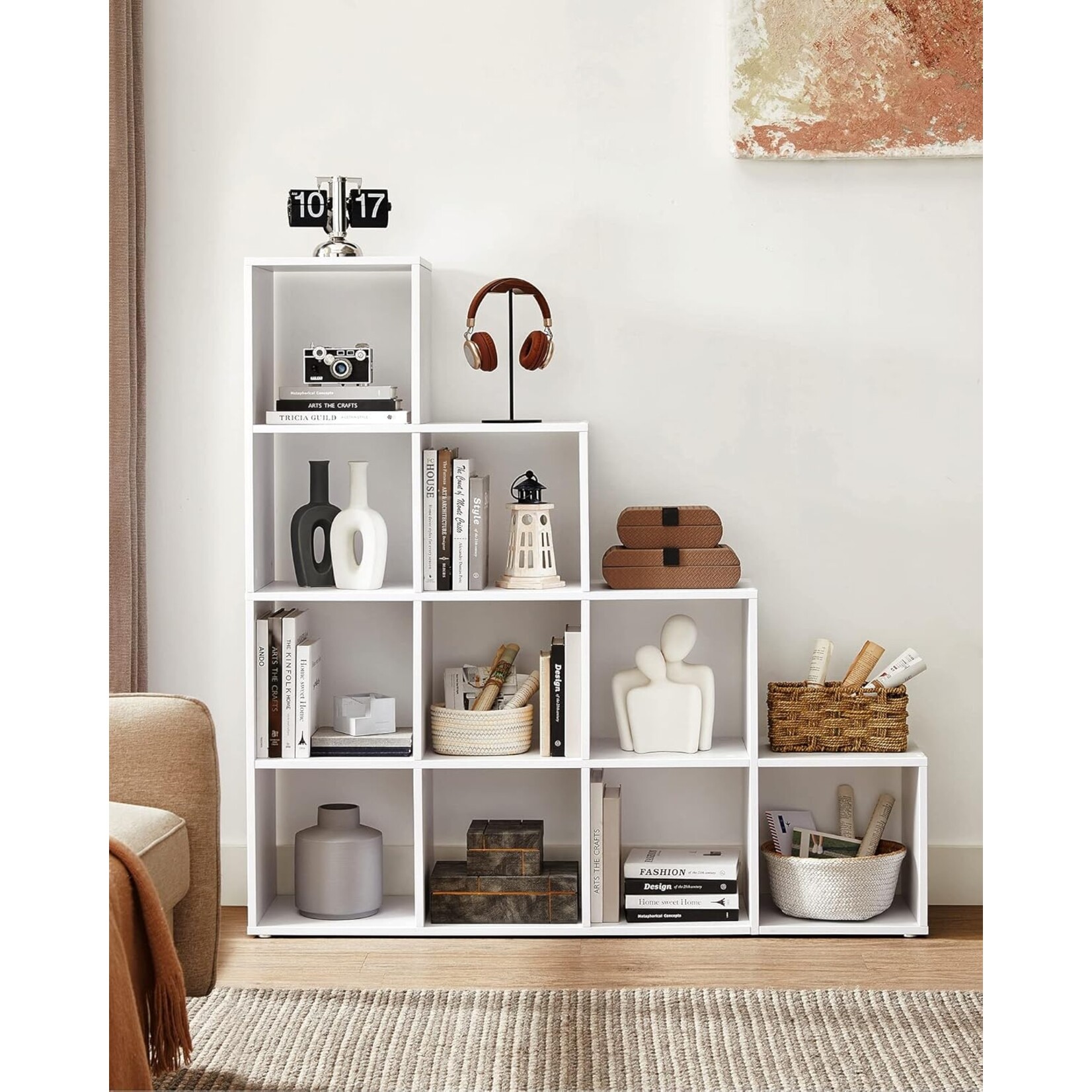 Parya Home Boekenkast, designkast, 10 kubusvakken, tentoonstellingsrek van hout, vrijstaand rek, ruimteverdeler, wit