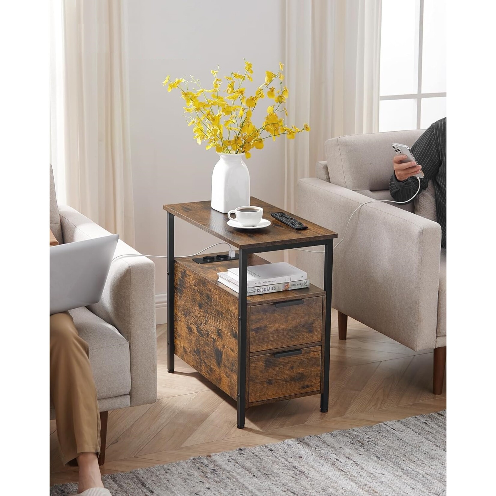 Parya home Side Table, Nightstand with Socket, 2 Drawers, Vintage Brown/Ink Black