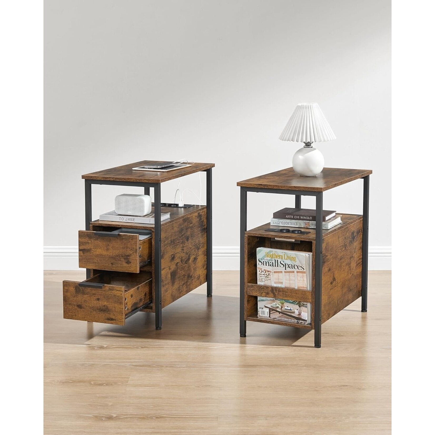Parya Home Parya home Side Table, Nightstand with Socket, 2 Drawers, Vintage Brown/Ink Black