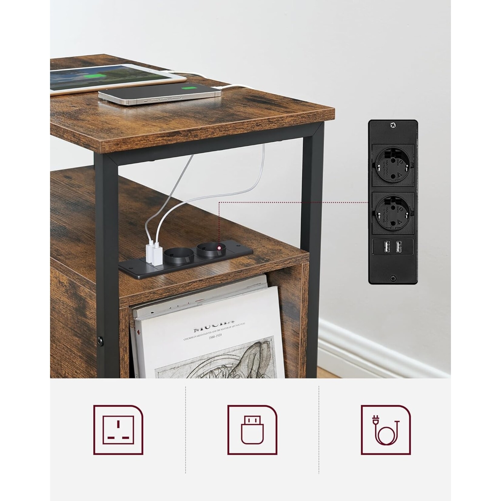 Parya home Side Table, Nightstand with Socket, 2 Drawers, Vintage Brown/Ink Black