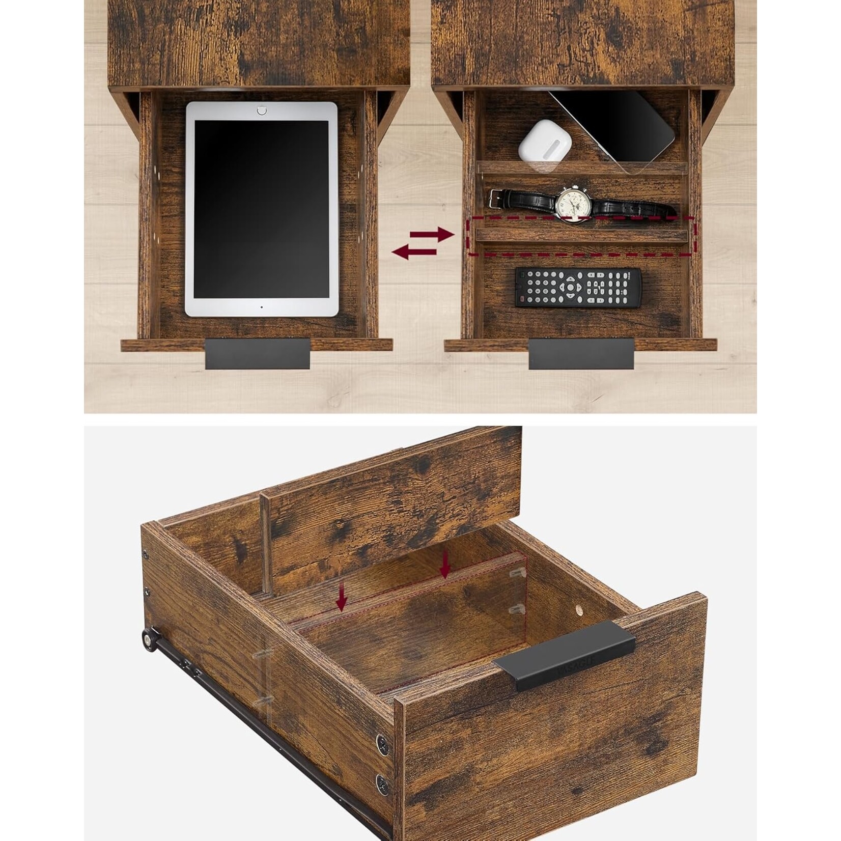 Parya Home Parya home Bijzettafel, Nachtkastje met Stekkerdoos, 2 Laden, Vintage Bruin/Inktzwart