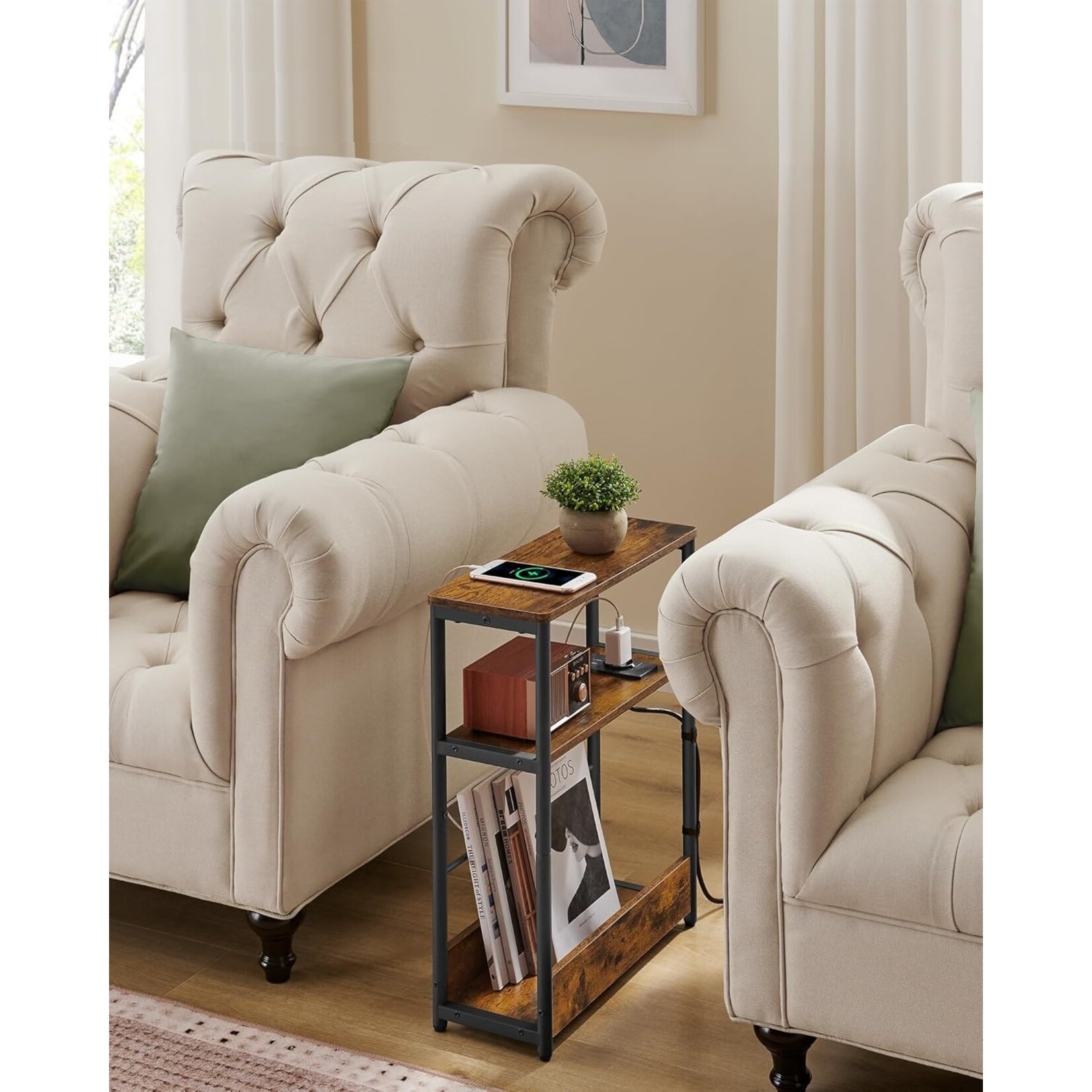 Parya Home Bobbel home Small Side Table with Charging Function, Small Coffee Table, 3 Shelves, Magazine Holder, for Living Room, Bedroom, Study, Vintage Brown Ink Black